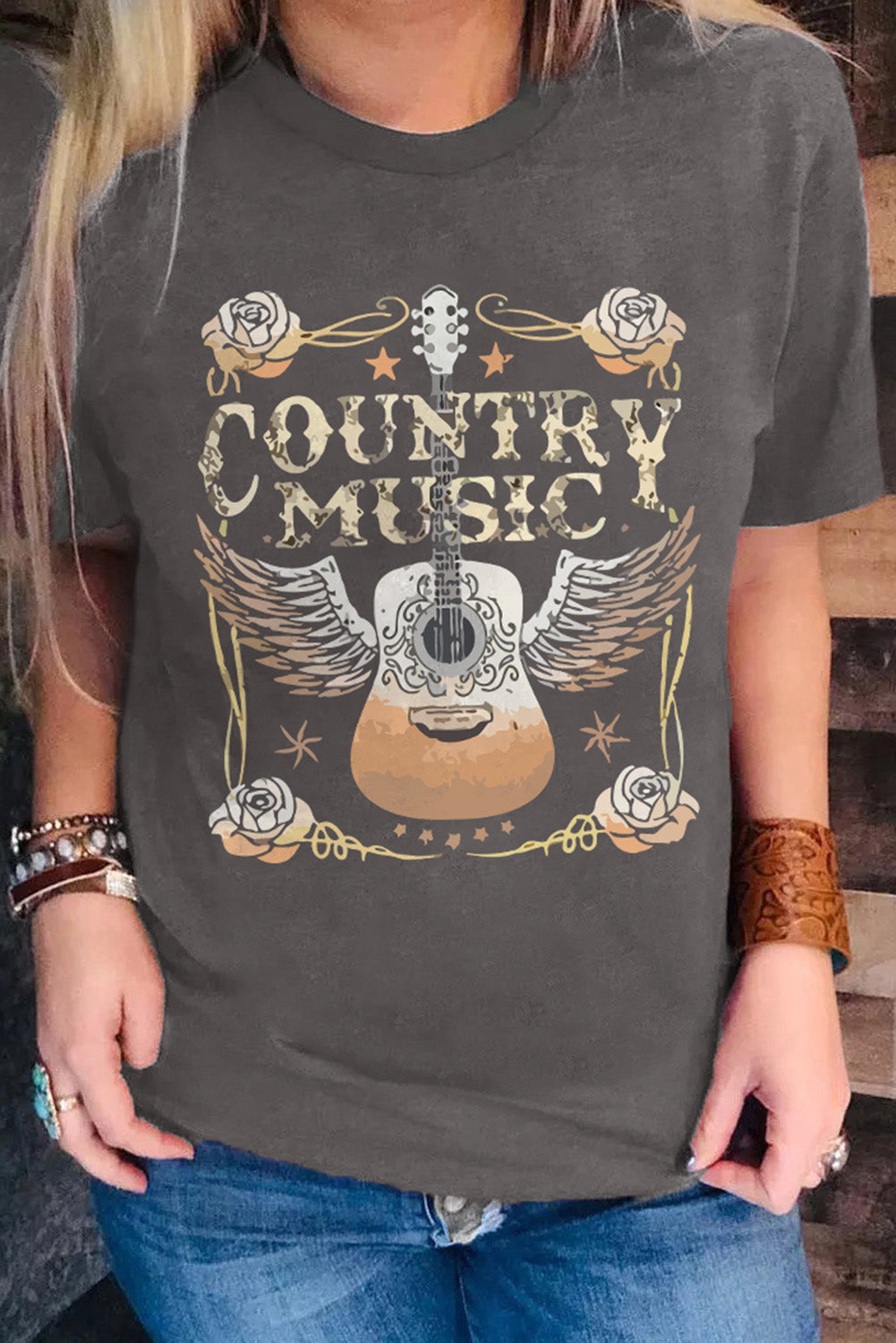 Gray Country Music Guitar Graphic Print Crew Neck T Shirt-Graphic/Graphic Tees-[Adult]-[Female]-2022 Online Blue Zone Planet