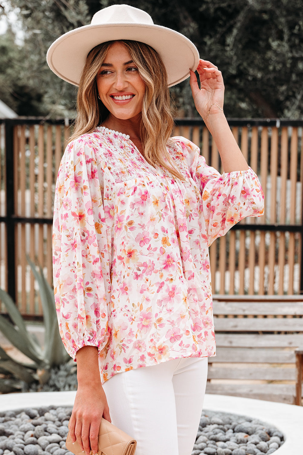 Pink Floral Print Tassel Tie Smocked V Neck Puff Sleeve Tunic Blouse-Tops/Blouses & Shirts-[Adult]-[Female]-2022 Online Blue Zone Planet