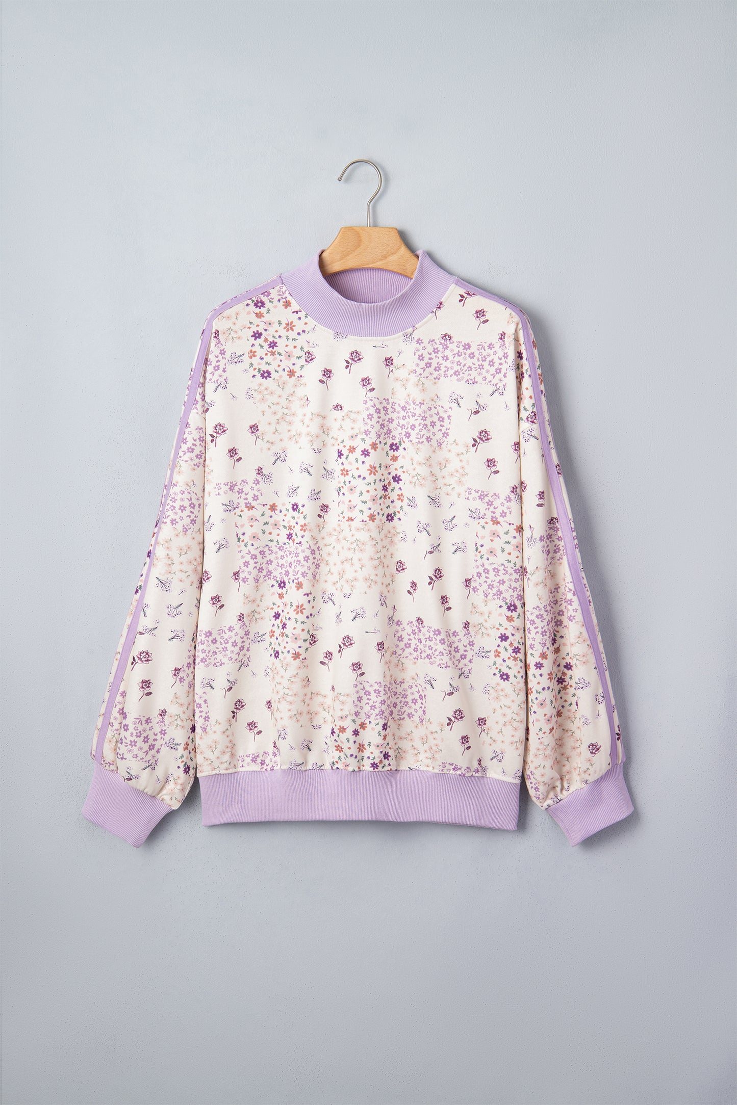 Purple Floral Print High Neck Colorblock Sleeve Paneling Sweatshirt-Tops/Sweatshirts & Hoodies-[Adult]-[Female]-2022 Online Blue Zone Planet