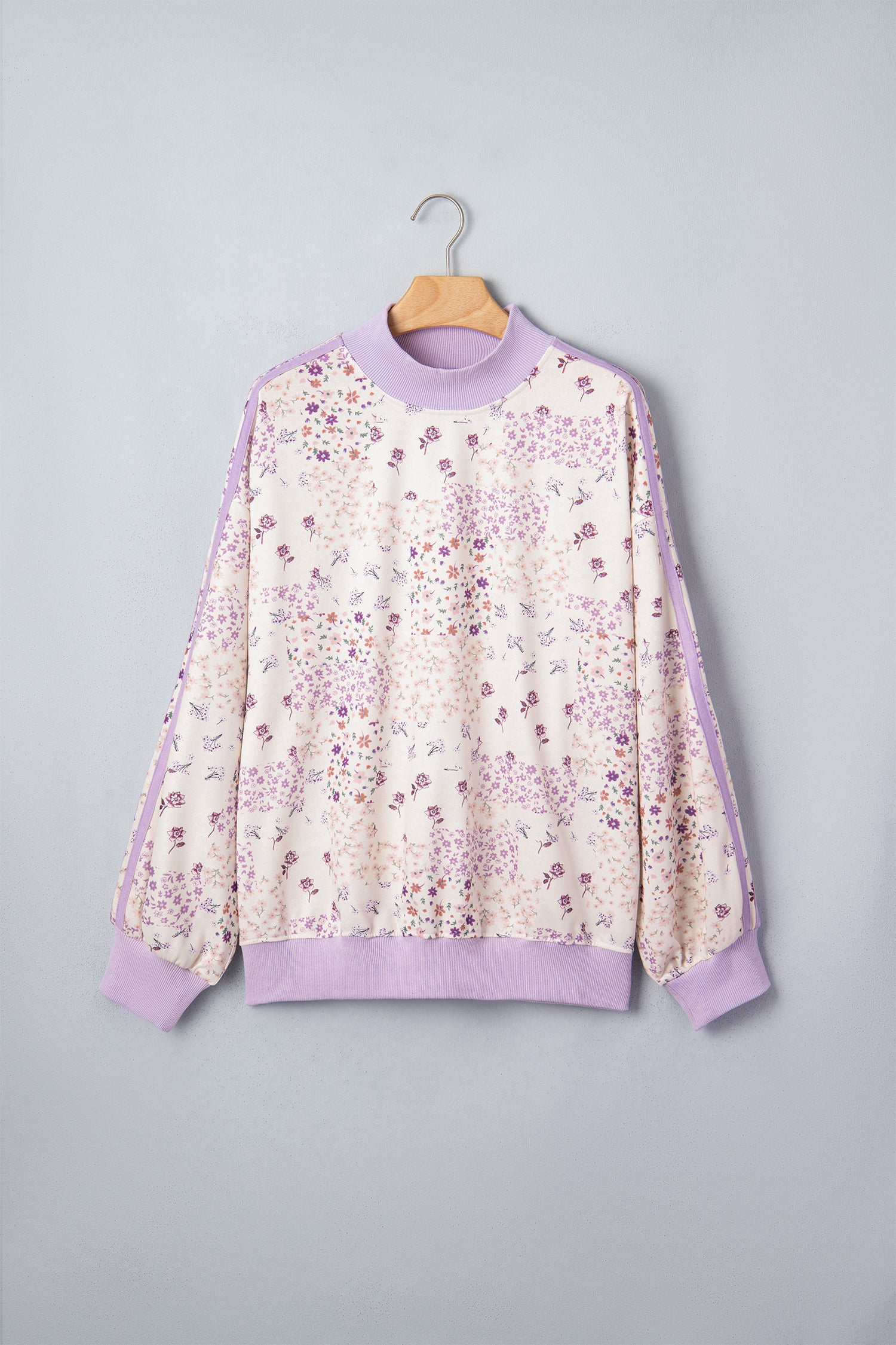 Purple Floral Print High Neck Colorblock Sleeve Paneling Sweatshirt-Tops/Sweatshirts & Hoodies-[Adult]-[Female]-2022 Online Blue Zone Planet