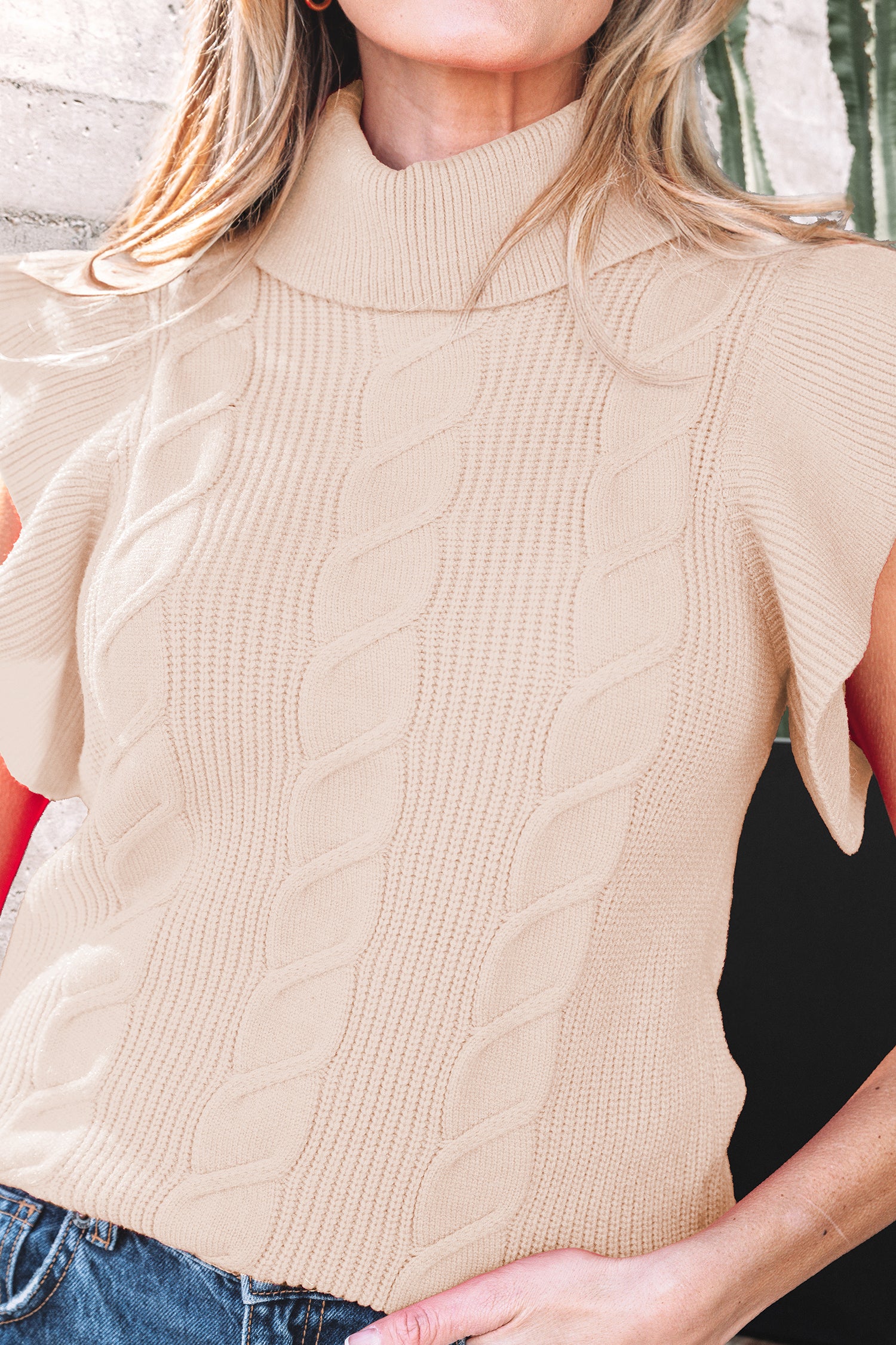 Jet Stream Cable Knit Turtleneck Ruffled Short Sleeve Sweater-Sweaters & Cardigans/Short Sleeve Sweaters-[Adult]-[Female]-2022 Online Blue Zone Planet