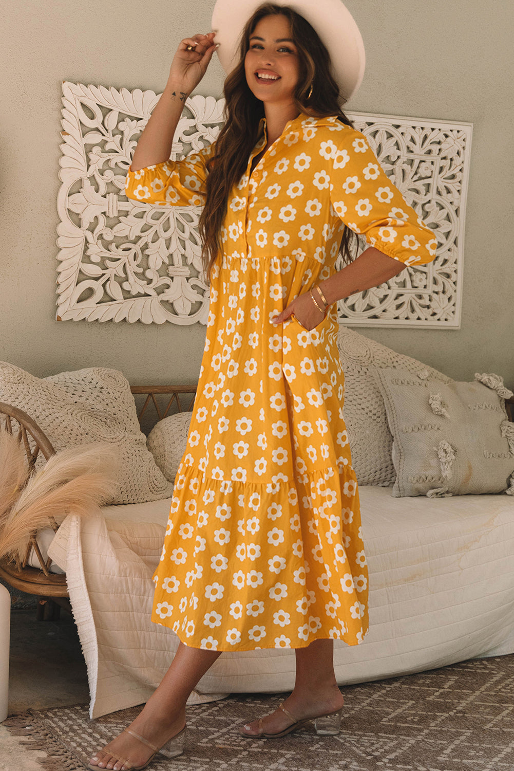 Yellow Flower Print Bracelet Sleeve Buttons Collared Maxi Dress-Dresses/Maxi Dresses-[Adult]-[Female]-2022 Online Blue Zone Planet