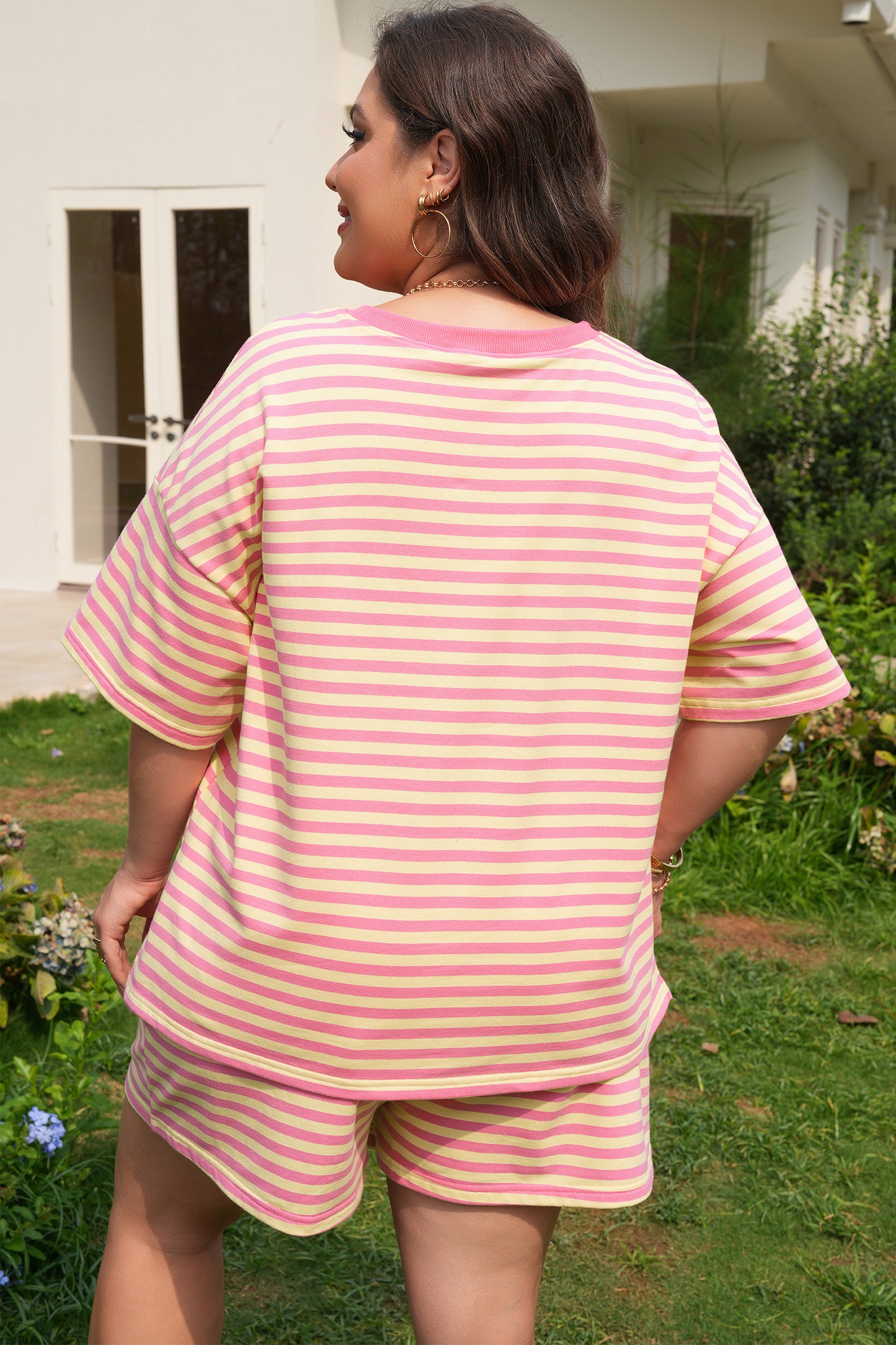 Green Stripe Boxy Tee Drawstring Elastic Waist Plus Size Short Set-Plus Size/Plus Size Loungewear-[Adult]-[Female]-2022 Online Blue Zone Planet