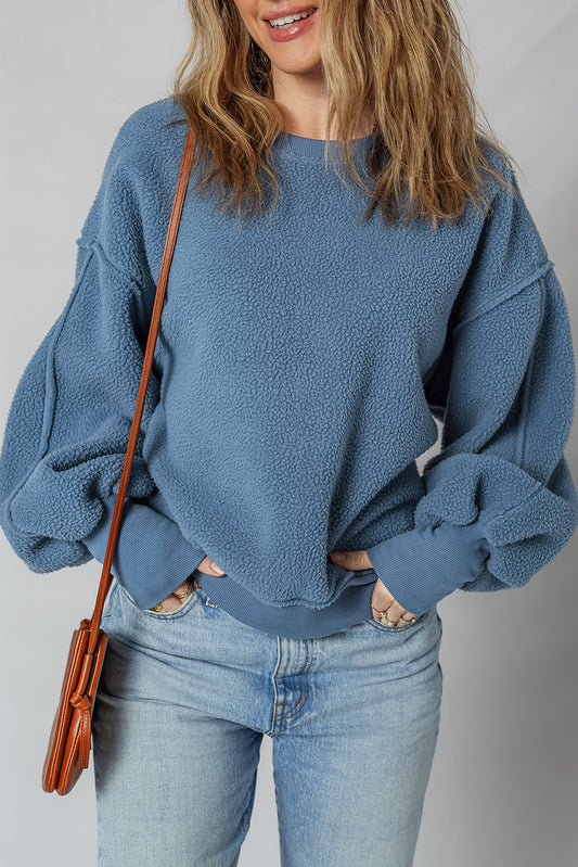 Sail Blue Fleece Drop Shoulder Exposed Seam Patchwork Casual Sweatshirt-Tops/Sweatshirts & Hoodies-[Adult]-[Female]-Sail Blue-S-2022 Online Blue Zone Planet