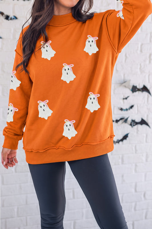 Carrot Sequin Ghost Graphic Exposed Seam Mock Neck Pullover Sweatshirt-Graphic/Graphic Sweatshirts-[Adult]-[Female]-Carrot-S-2022 Online Blue Zone Planet