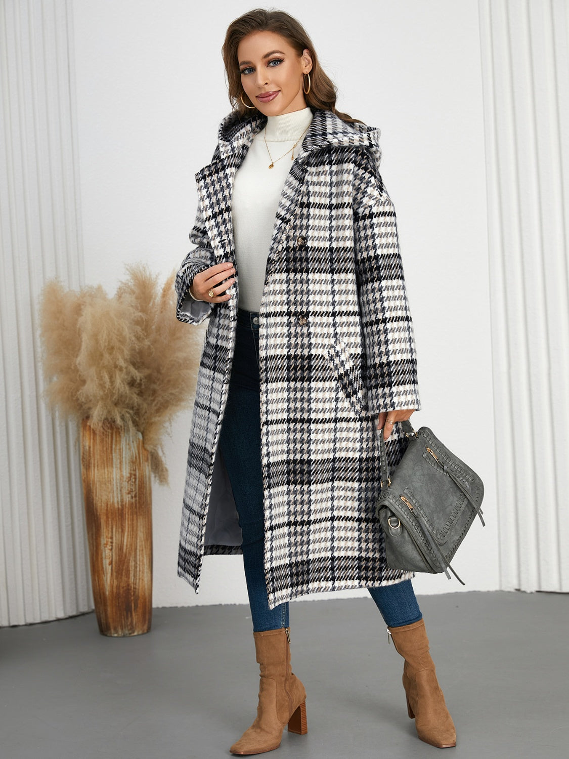 Blue Zone Planet | Plaid Double-Breasted Long Sleeve Longline Coat-TOPS / DRESSES-[Adult]-[Female]-2022 Online Blue Zone Planet