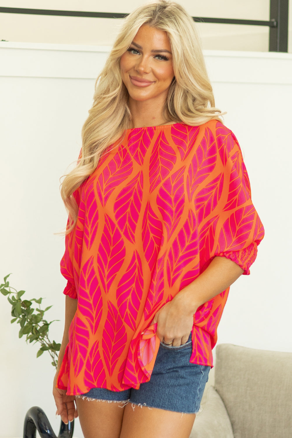 Blue Zone Planet | Rose Tropical Leaf Print Smocked Puff Sleeve Blouse-Tops/Blouses & Shirts-[Adult]-[Female]-2022 Online Blue Zone Planet