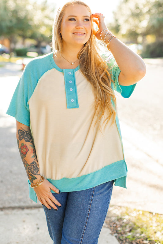 Mint Green Color Block Raglan Sleeve Buttoned Plus Size T Shirt-Plus Size/Plus Size Tops/Plus Size Tops & Tees-[Adult]-[Female]-Mint Green-1X-2022 Online Blue Zone Planet