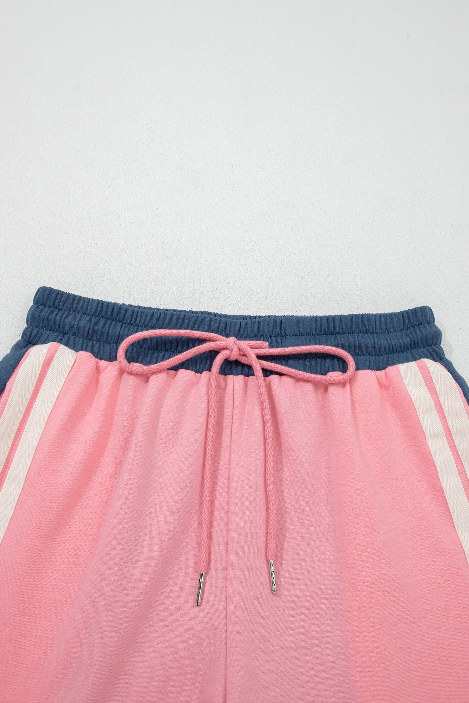Pink Color Block Patchwork Varsity Striped Detail Drawstring Elastic Waist Shorts-Bottoms/Casual Shorts-[Adult]-[Female]-2022 Online Blue Zone Planet
