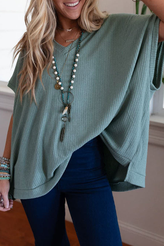 Moonlight Jade Oversized Ribbed Knit V Neck Dolman Short Sleeve Top-Tops/Tops & Tees-[Adult]-[Female]-Moonlight Jade-S-2022 Online Blue Zone Planet