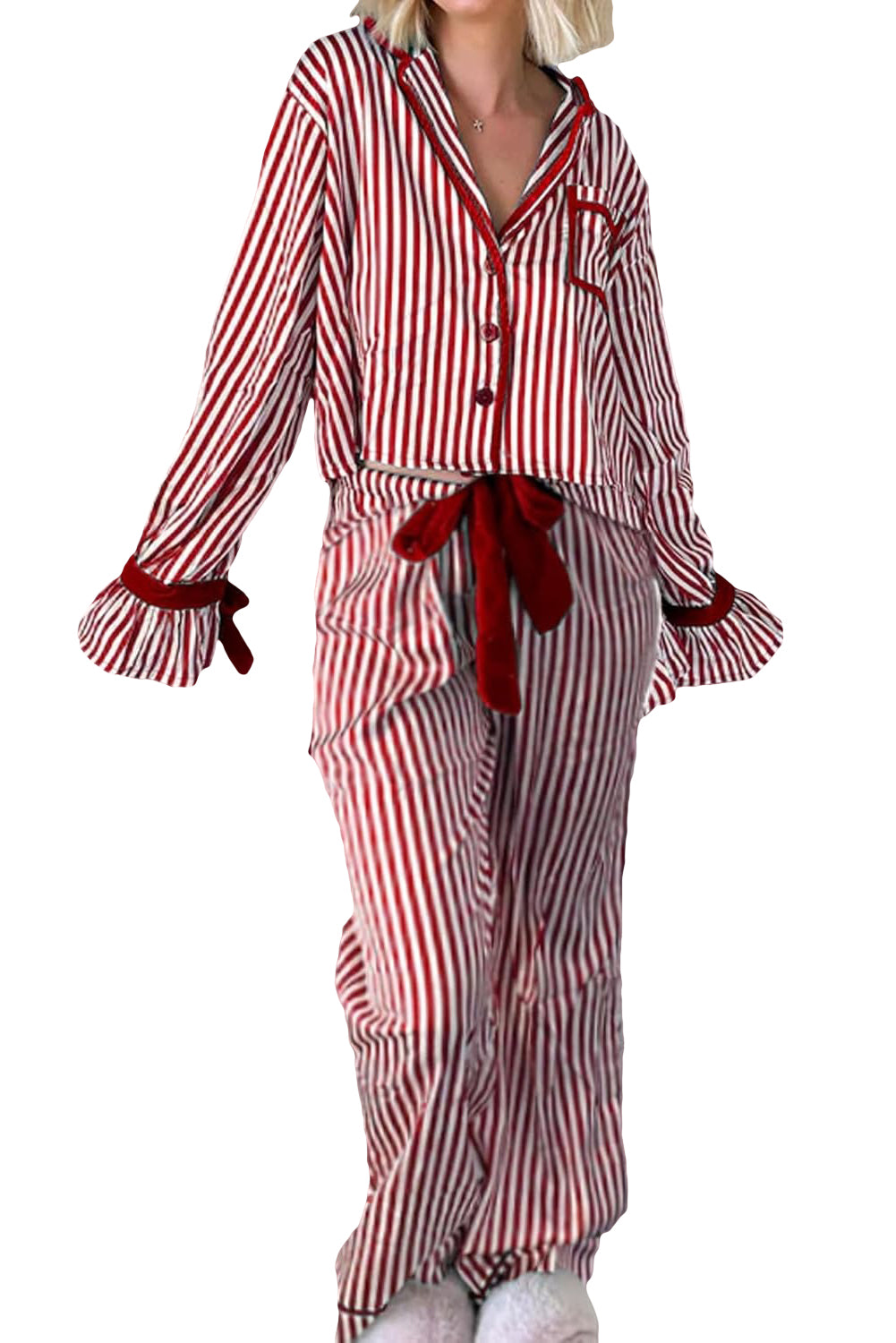 Red Striped Contrast Velvet Trim Knot Waist Pajama Set-Loungewear Set-[Adult]-[Female]-2022 Online Blue Zone Planet