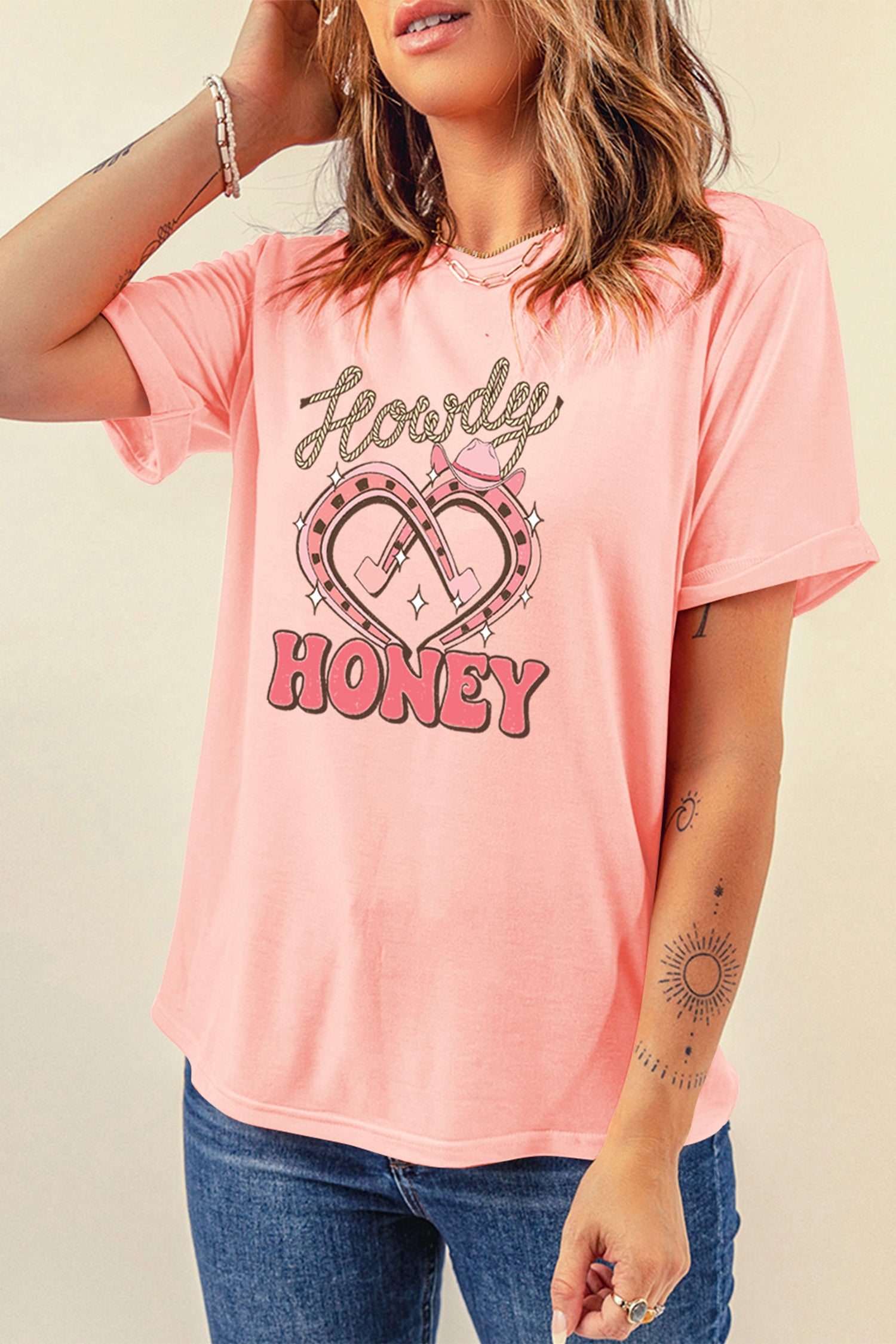 Pink Howdy Honey Horseshoe Heart Printed T Shirt-Graphic Tees-[Adult]-[Female]-2022 Online Blue Zone Planet