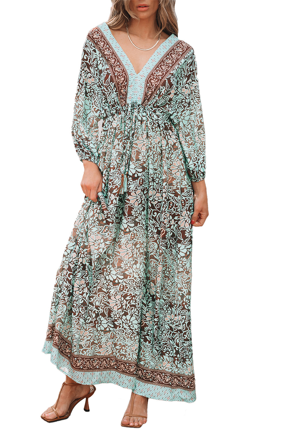 Blue Zone Planet | Green Boho Floral Print Lace-up Open Back High Waist Maxi Dress-TOPS / DRESSES-[Adult]-[Female]-2022 Online Blue Zone Planet
