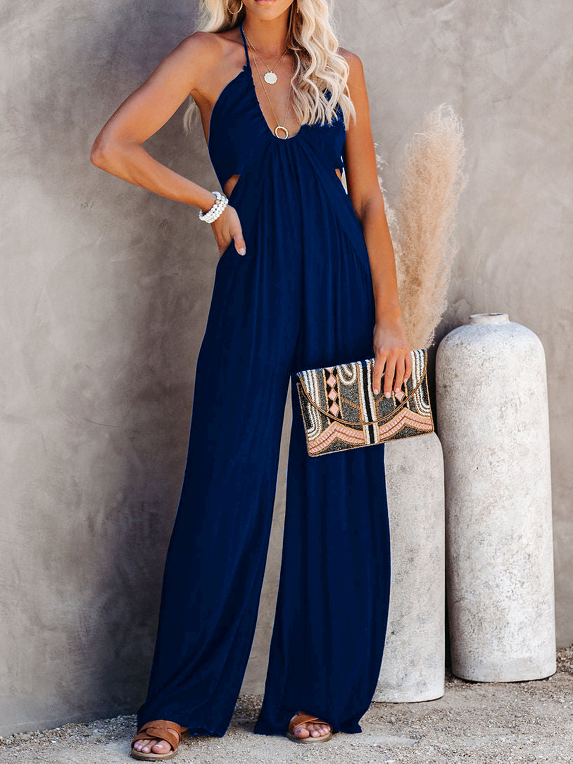 Halter Neck Wide Leg Jumpsuit-TOPS / DRESSES-[Adult]-[Female]-Dark Blue-S-2022 Online Blue Zone Planet