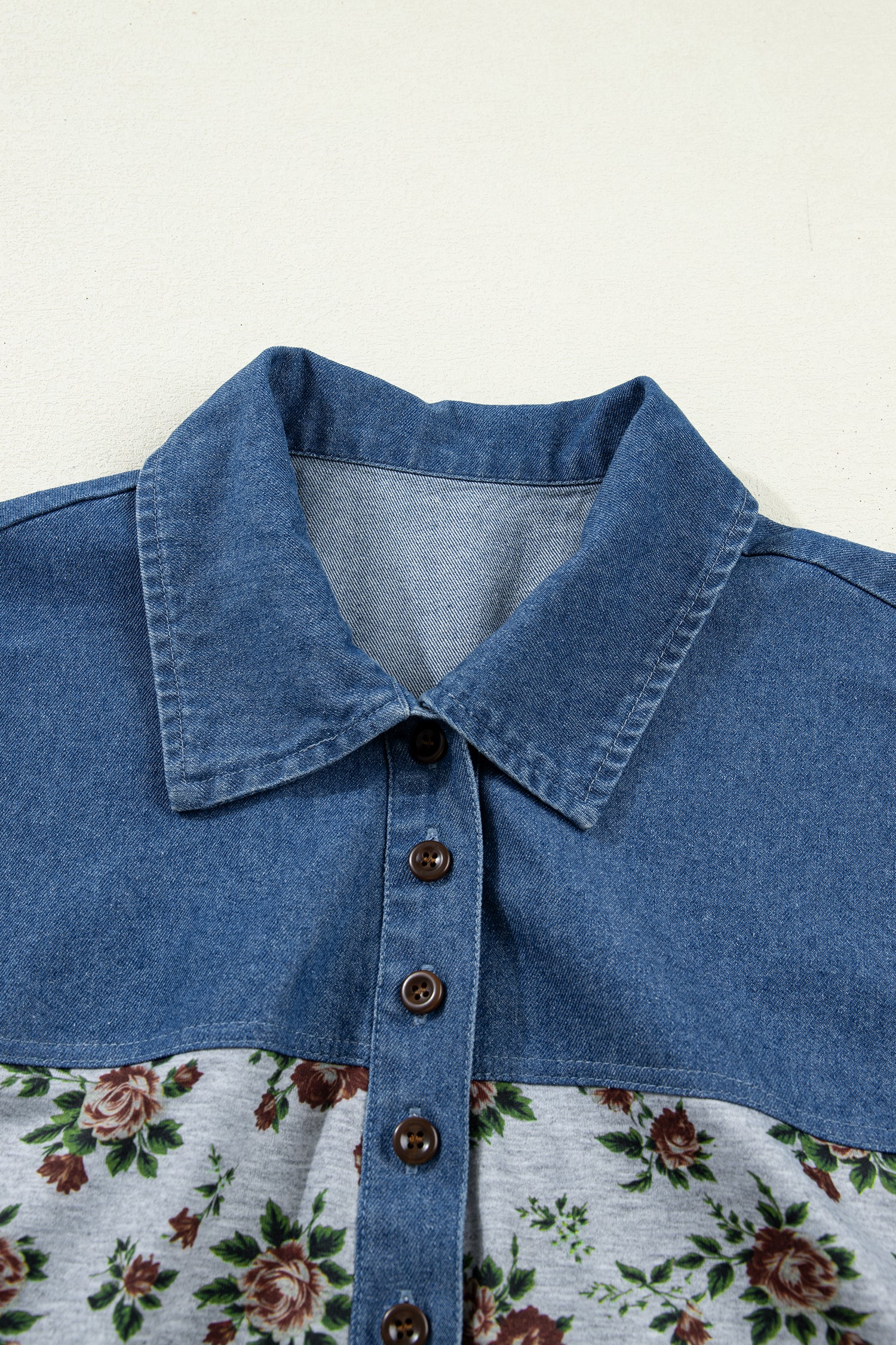Gray Retro Floral Print Denim Patchwork Buttoned Polo Collar Top-Tops/Blouses & Shirts-[Adult]-[Female]-2022 Online Blue Zone Planet