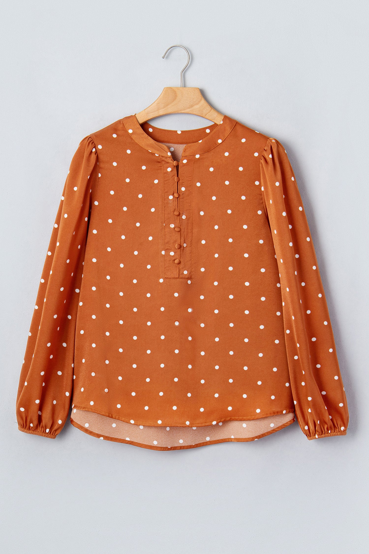 Brown Polka Dot Half Button V Neck Long Sleeve Blouse-Tops/Blouses & Shirts-[Adult]-[Female]-2022 Online Blue Zone Planet