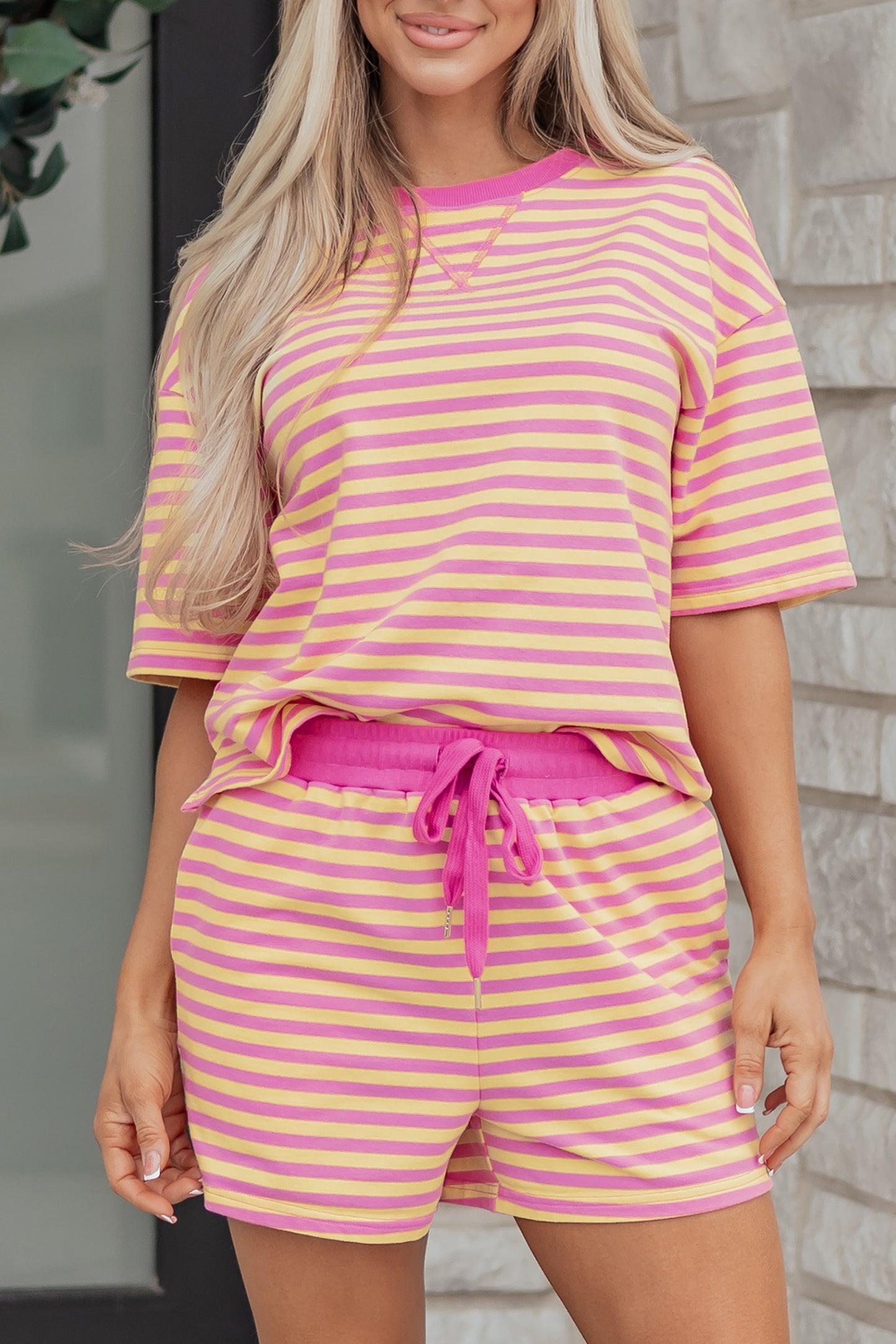 Green Stripe Drop Shoulder Boxy Casual Terry Short Set-Two Piece Sets/Short Sets-[Adult]-[Female]-2022 Online Blue Zone Planet