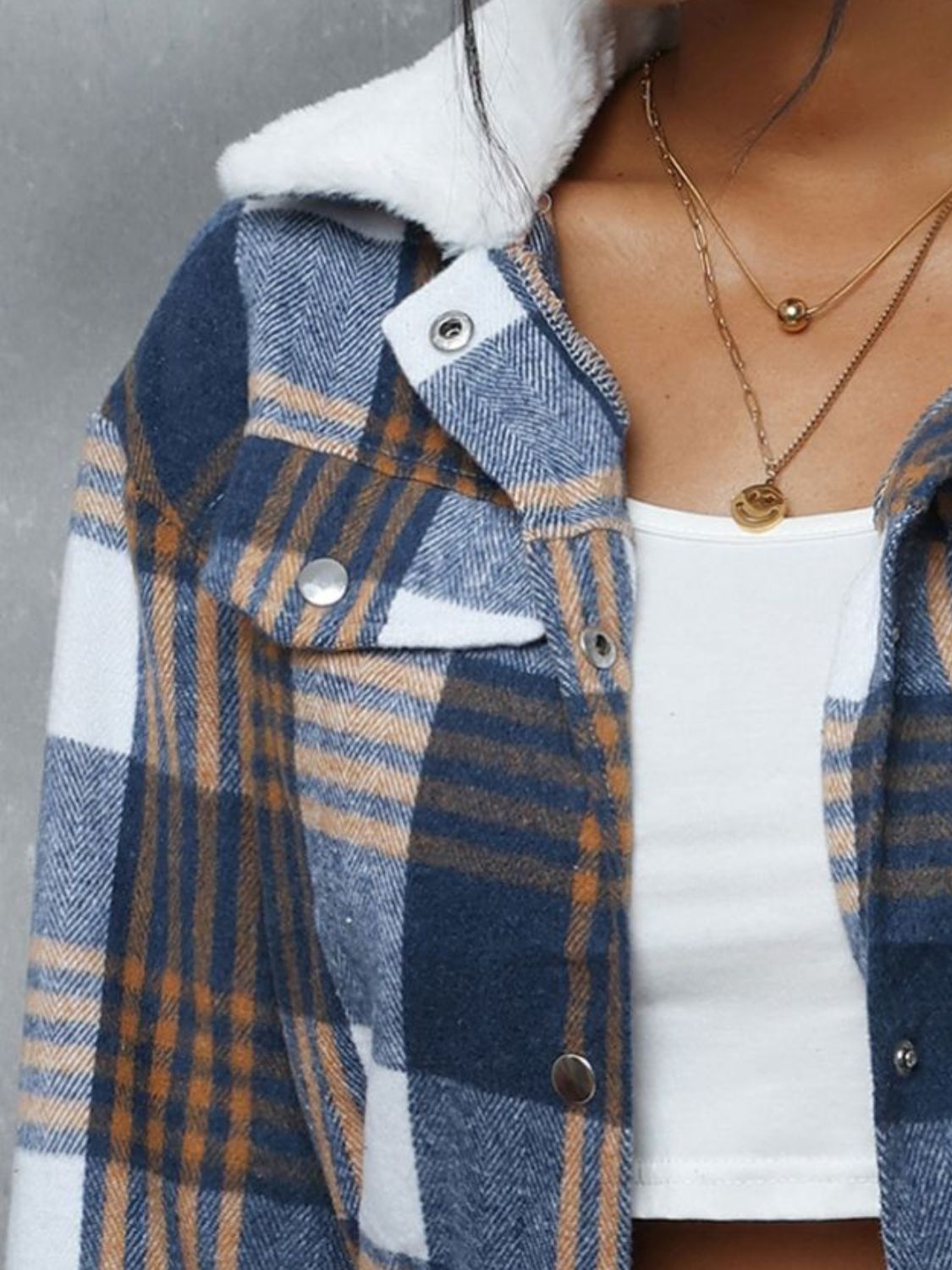 Blue Zone Planet | Plaid Snap Down Collared Neck Cropped Jacket-TOPS / DRESSES-[Adult]-[Female]-2022 Online Blue Zone Planet