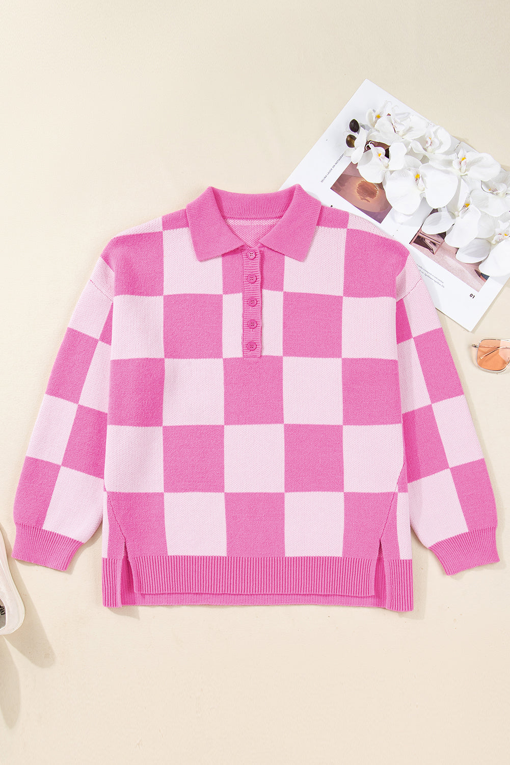 Pink Plus Size Checkered Collared Half Button Sweater-TOPS / DRESSES-[Adult]-[Female]-2022 Online Blue Zone Planet
