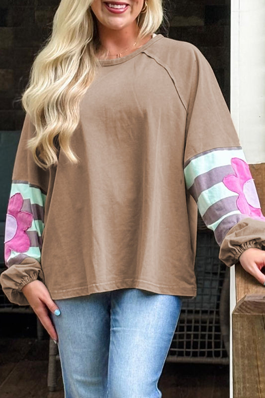 Light French Beige Flower Striped Patchwork Puff Sleeve Loose Sweatshirt-Plus Size/Plus Size Sweatshirts & Hoodies-[Adult]-[Female]-Light French Beige-1X-2022 Online Blue Zone Planet
