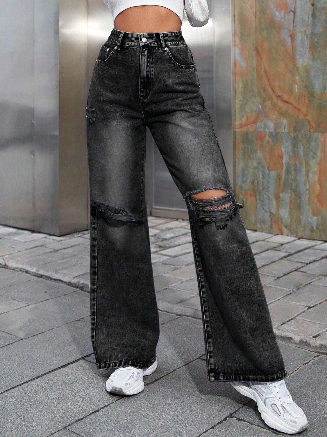 Distressed Wide Leg Jeans with Pockets-[Adult]-[Female]-Dark Gray-XS-2022 Online Blue Zone Planet