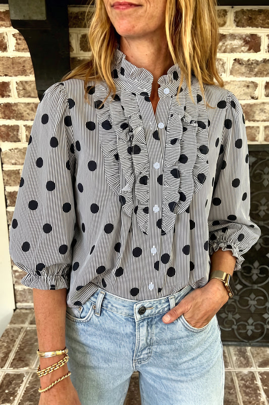 Black white Polka Dot Striped Print Ruffle Stand Neck 3/4 Sleeve Shift Shirt-Tops/Blouses & Shirts-[Adult]-[Female]-Black white-S-2022 Online Blue Zone Planet