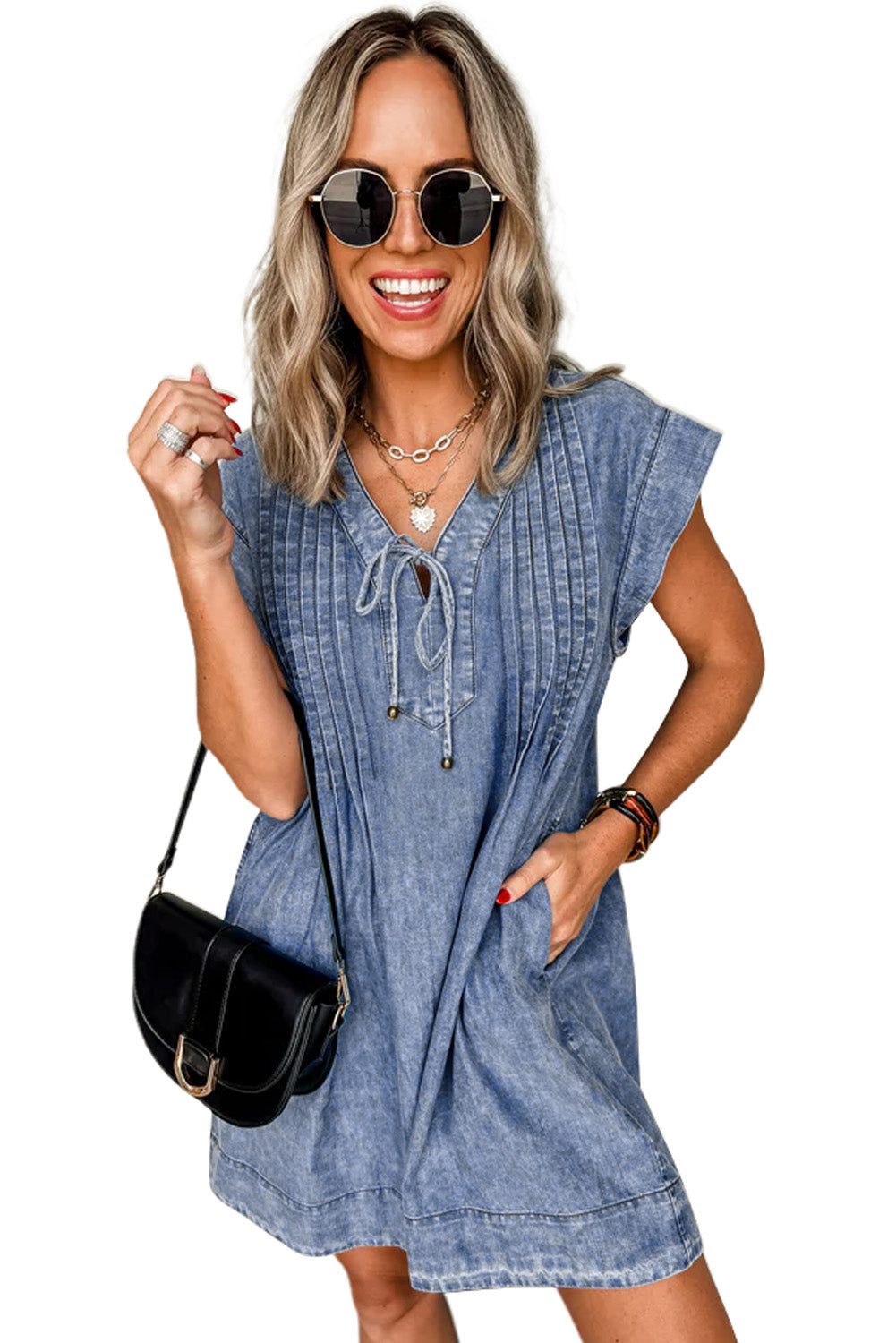 Beau Blue Tie V Neck Tucking Detail Short Sleeve Denim Shift Dress-TOPS / DRESSES-[Adult]-[Female]-2022 Online Blue Zone Planet