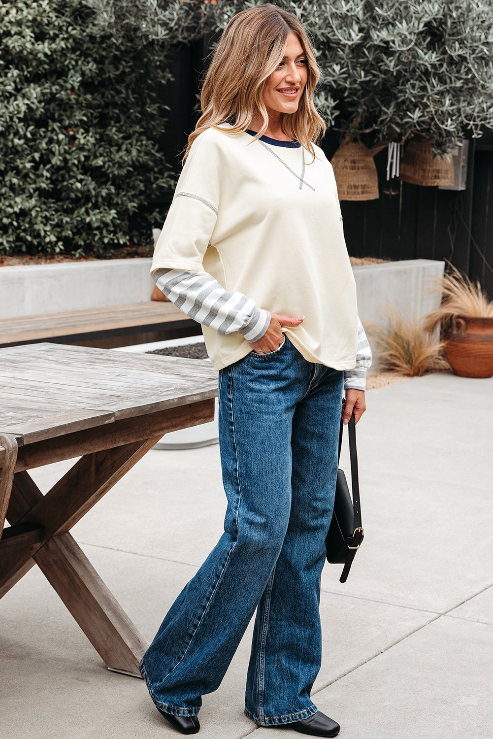 Beige Striped Patchwork Long Sleeve Round Neck Two-In-One Top-Tops/Long Sleeve Tops-[Adult]-[Female]-2022 Online Blue Zone Planet