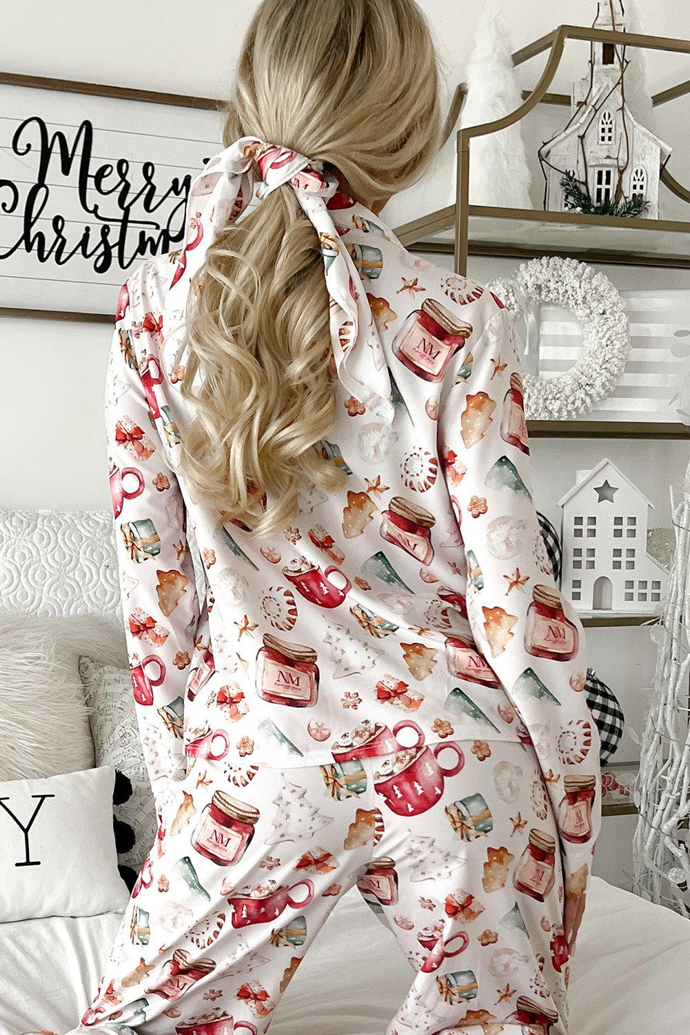 White Christmas Pattern Long Sleeve Shirt and Pants Pajama Set-Loungewear & Sleepwear/Sleepwear-[Adult]-[Female]-2022 Online Blue Zone Planet