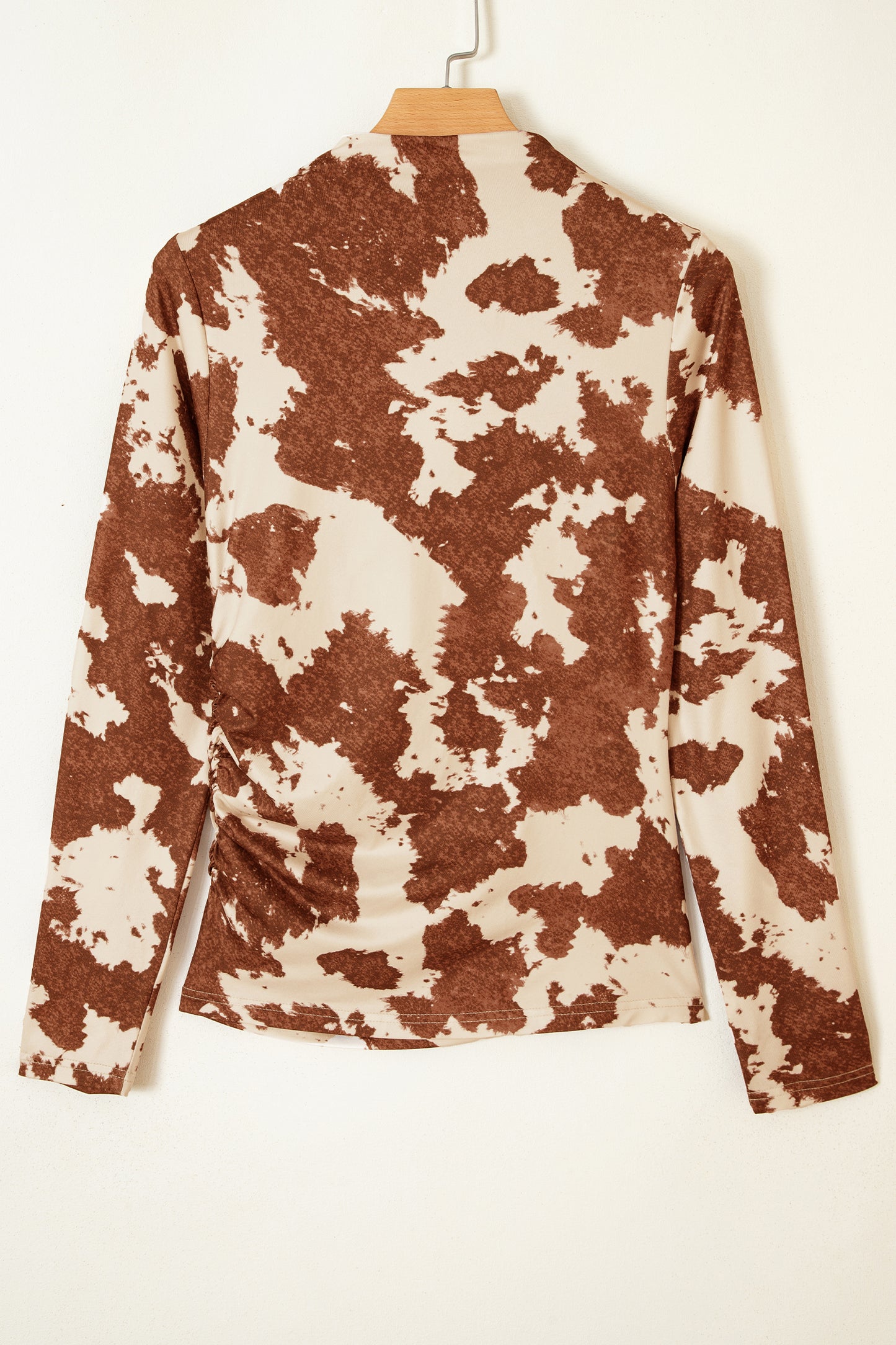 Brown Western Cow Spots Printed High Neck Sheath Long Sleeve Top-Tops/Long Sleeve Tops-[Adult]-[Female]-2022 Online Blue Zone Planet