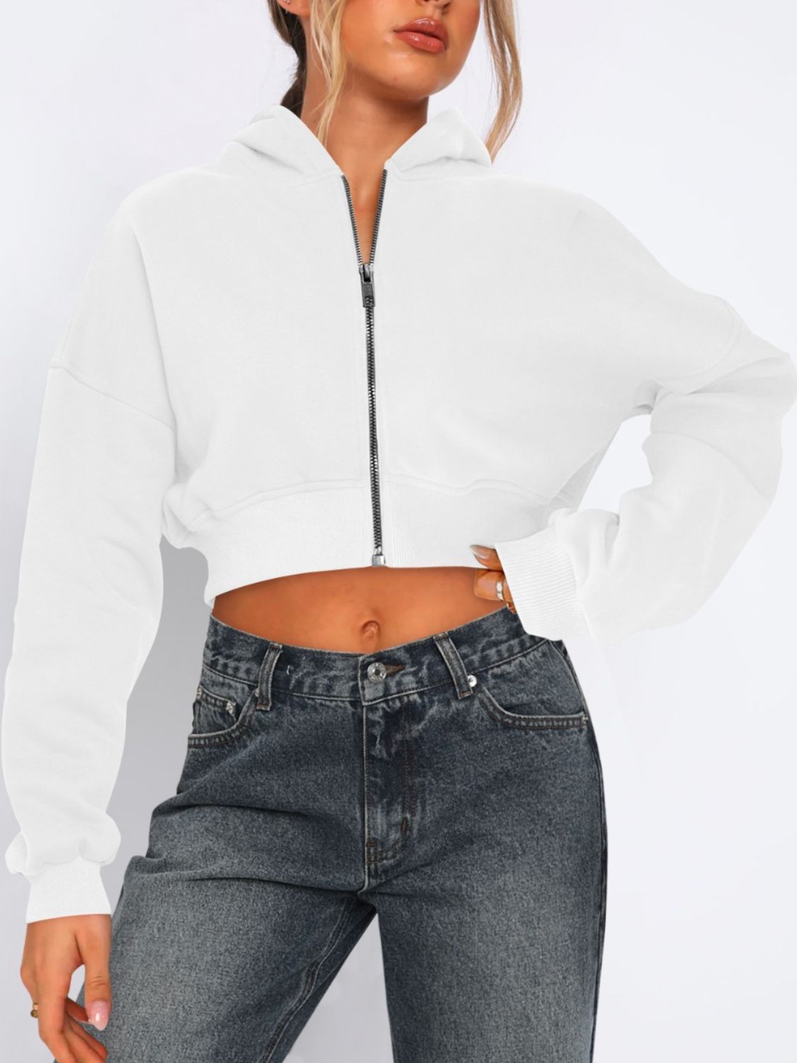 Zip Up Long Sleeve Hooded Cropped Jacket-TOPS / DRESSES-[Adult]-[Female]-White-S-2022 Online Blue Zone Planet