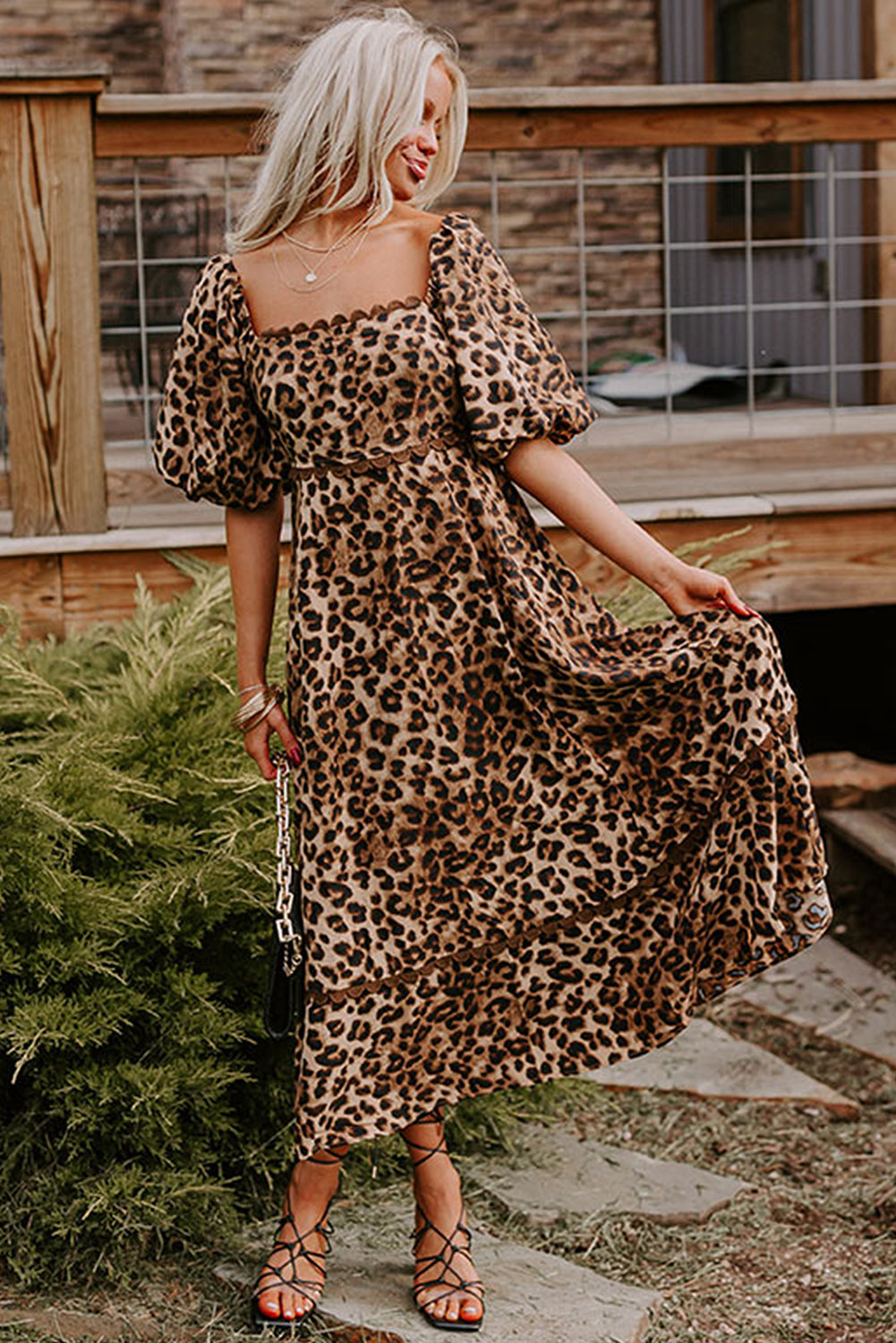 Brown Leopard Print Puff Sleeve Ricrac Maxi Dress-Maxi Dresses-[Adult]-[Female]-2022 Online Blue Zone Planet