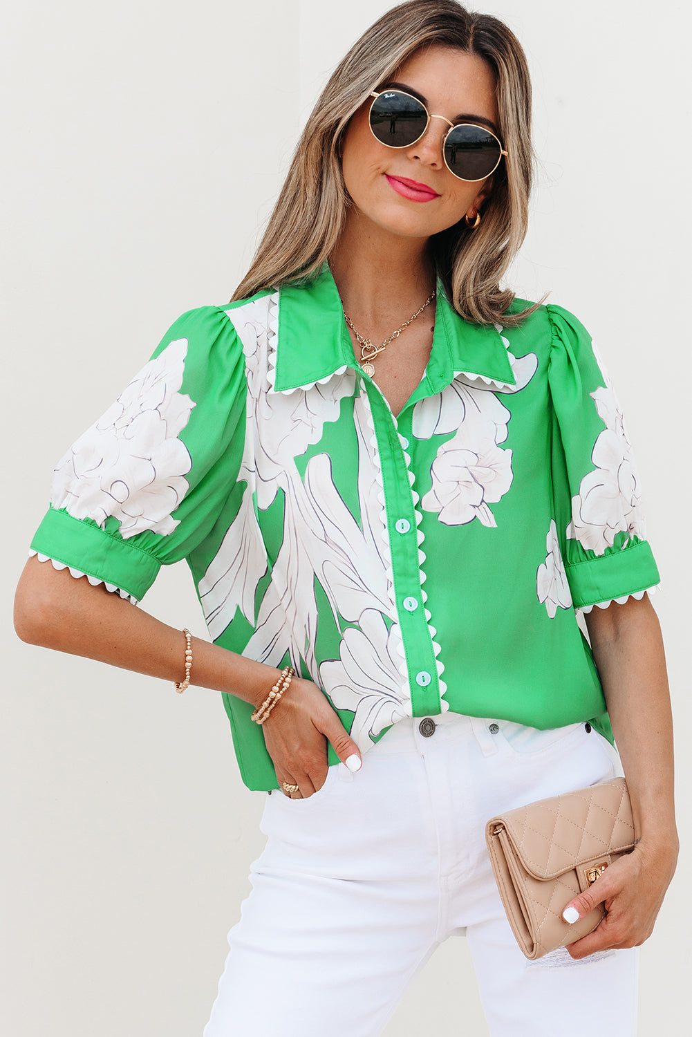 Green Floral Ric Rac Edge Puff Sleeve Button Up Summer Shirt-Tops/Blouses & Shirts-[Adult]-[Female]-2022 Online Blue Zone Planet