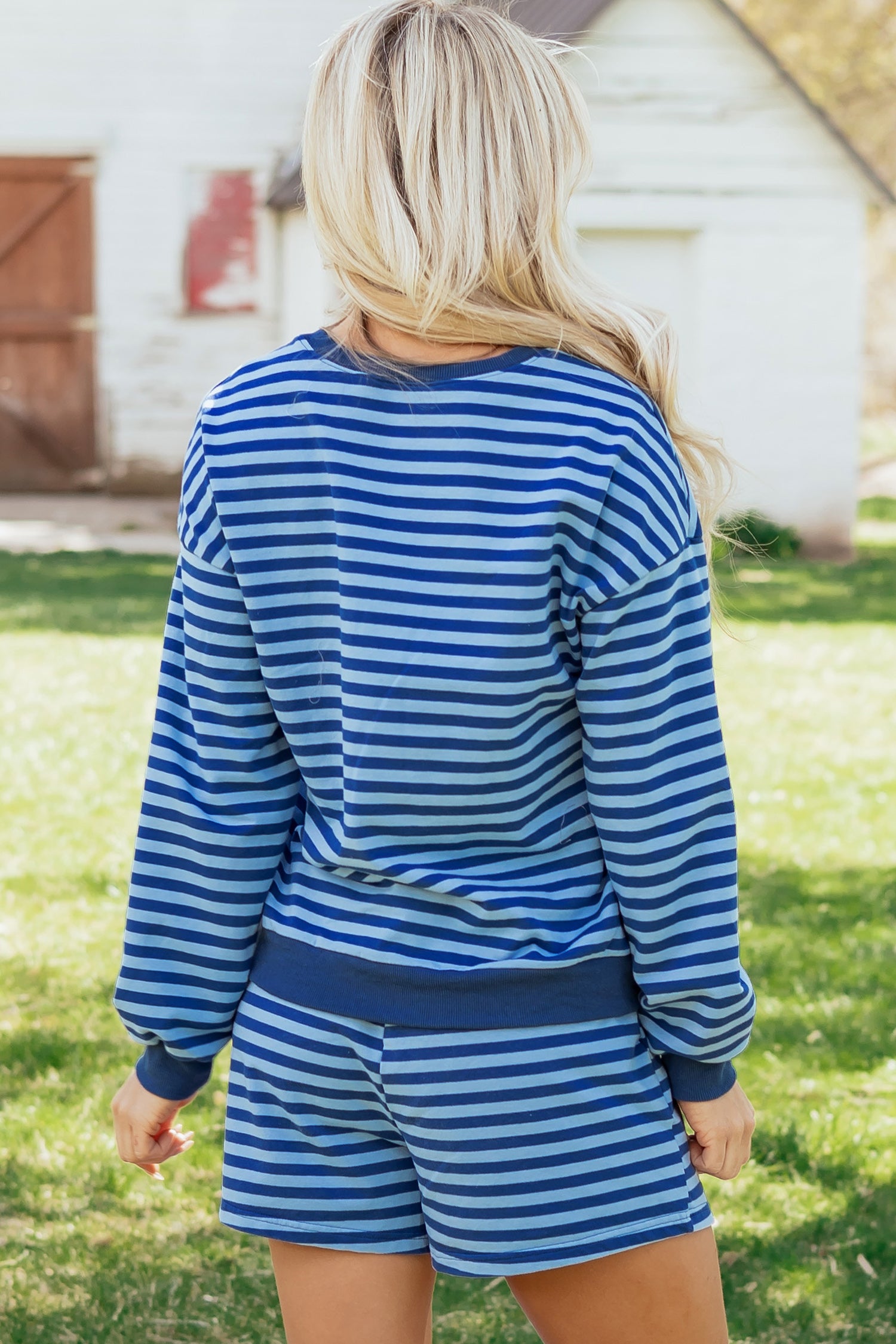 Blue Stripe Drop Shoulder Long Sleeve Pullover Elastic Waist Casual Short Set-Two Piece Sets/Short Sets-[Adult]-[Female]-2022 Online Blue Zone Planet