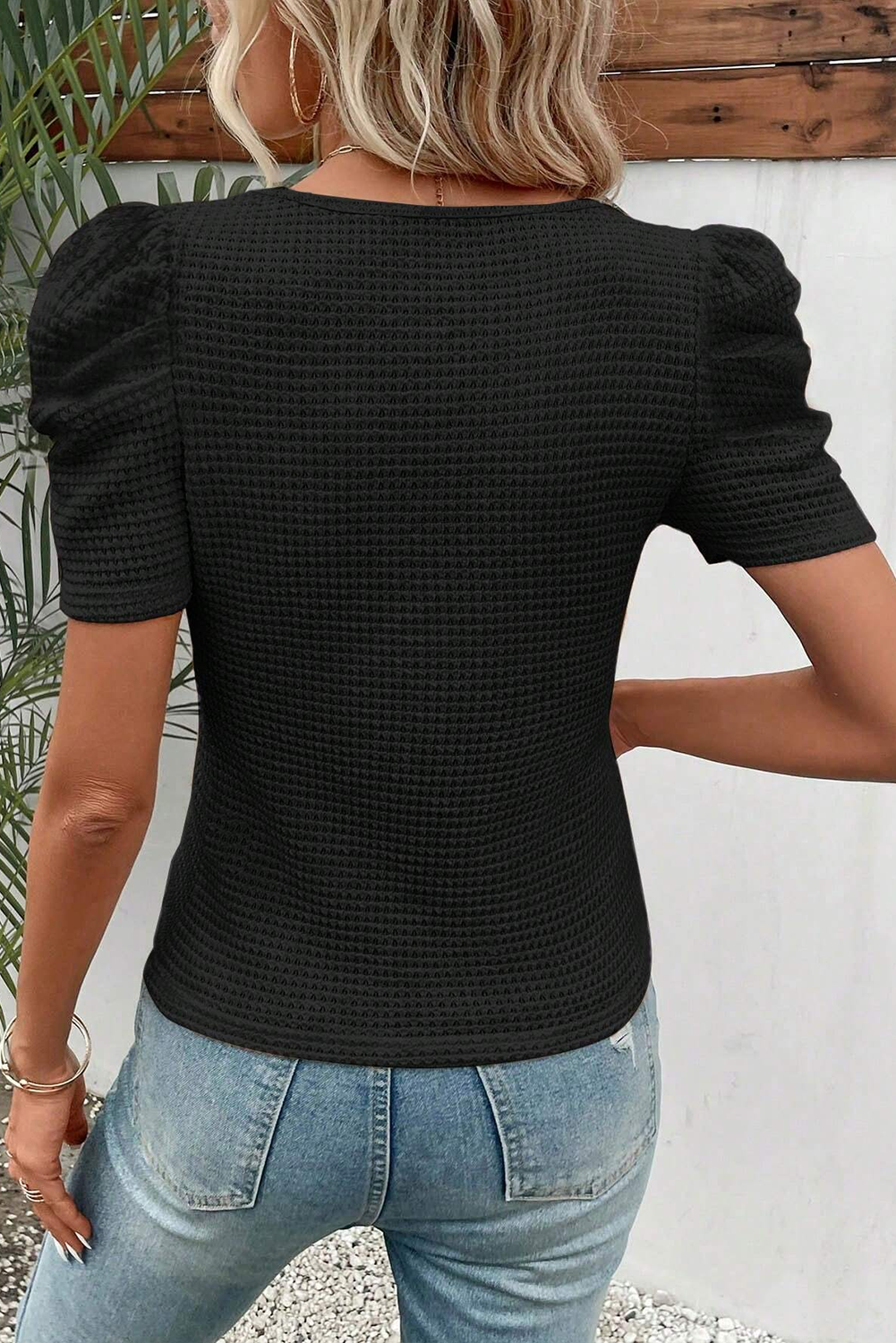 Bright Pink Waffle Knit Ruched Puff Sleeve Top-Sale (50% OFF)/30% OFF-[Adult]-[Female]-2022 Online Blue Zone Planet