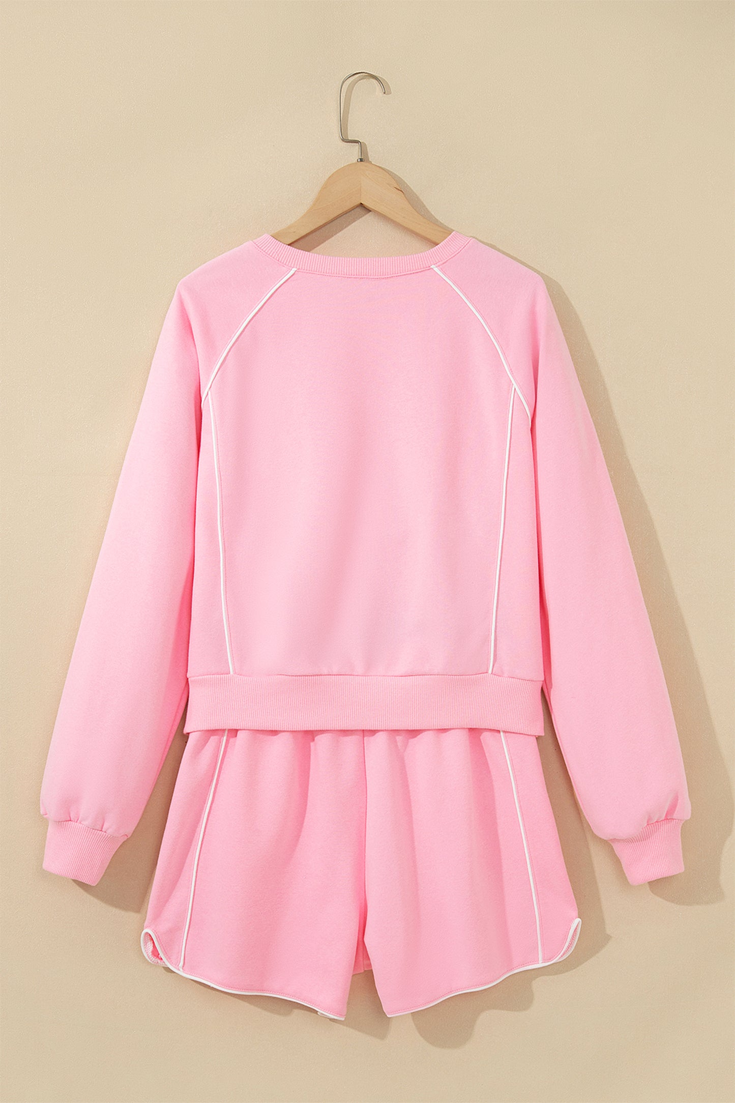 Pink Piping Trim Long Sporty Pullover Drawstring Elastic Waist Shorts Set-Two Piece Sets/Short Sets-[Adult]-[Female]-2022 Online Blue Zone Planet