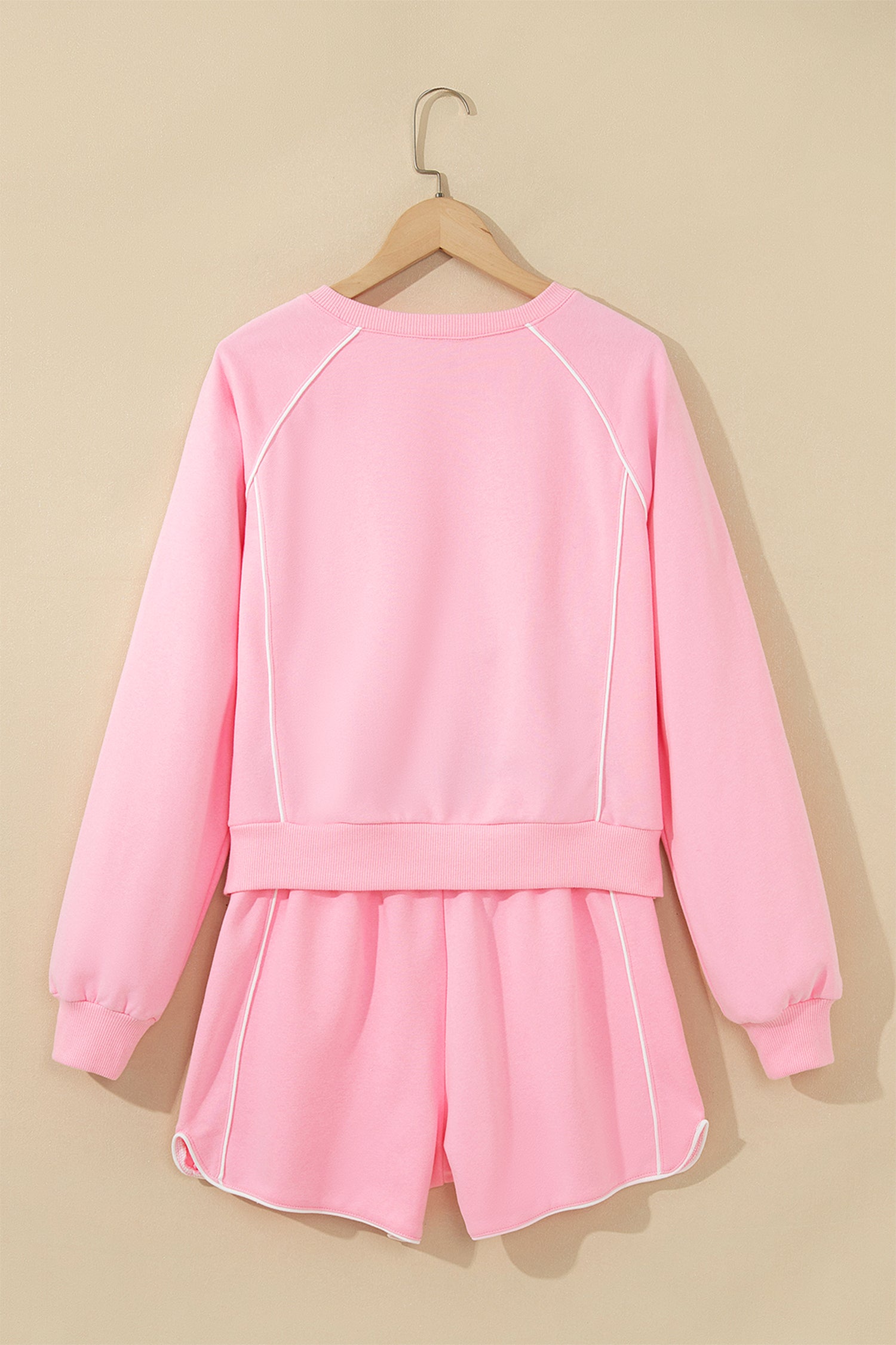 Pink Piping Trim Long Sporty Pullover Drawstring Elastic Waist Shorts Set-Two Piece Sets/Short Sets-[Adult]-[Female]-2022 Online Blue Zone Planet