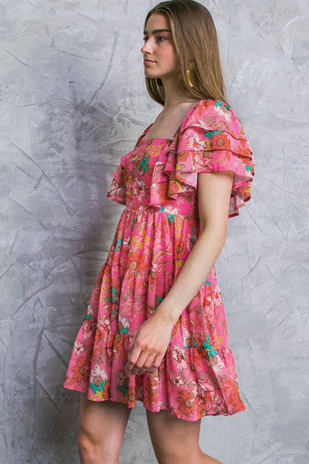 Pink Floral Square Neck Ruffle Sleeve Tiered Dress-Dresses/Floral Dresses-[Adult]-[Female]-2022 Online Blue Zone Planet