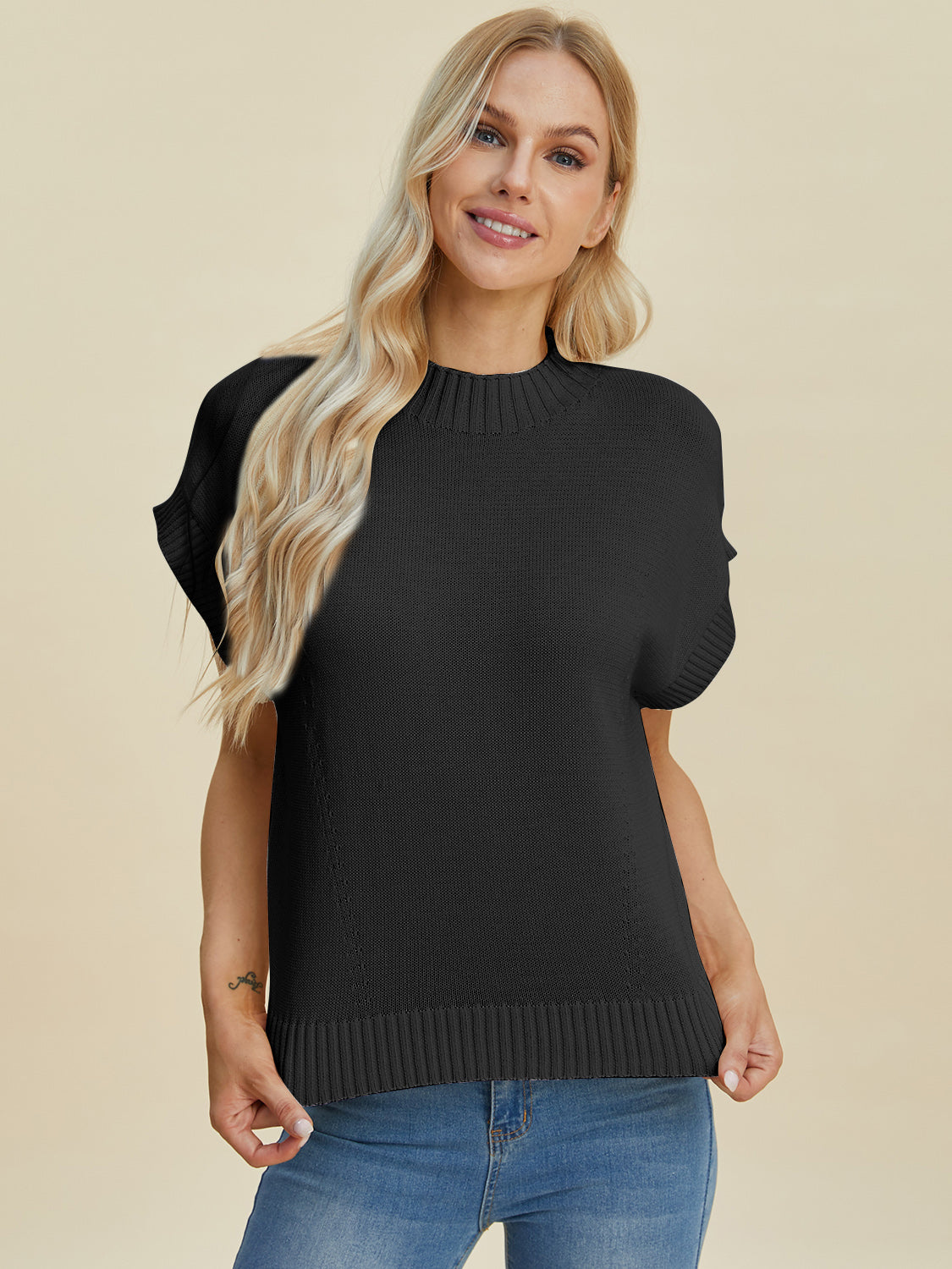 Double Take Full Size Mock Neck Short Sleeve Sweater-TOPS / DRESSES-[Adult]-[Female]-2022 Online Blue Zone Planet