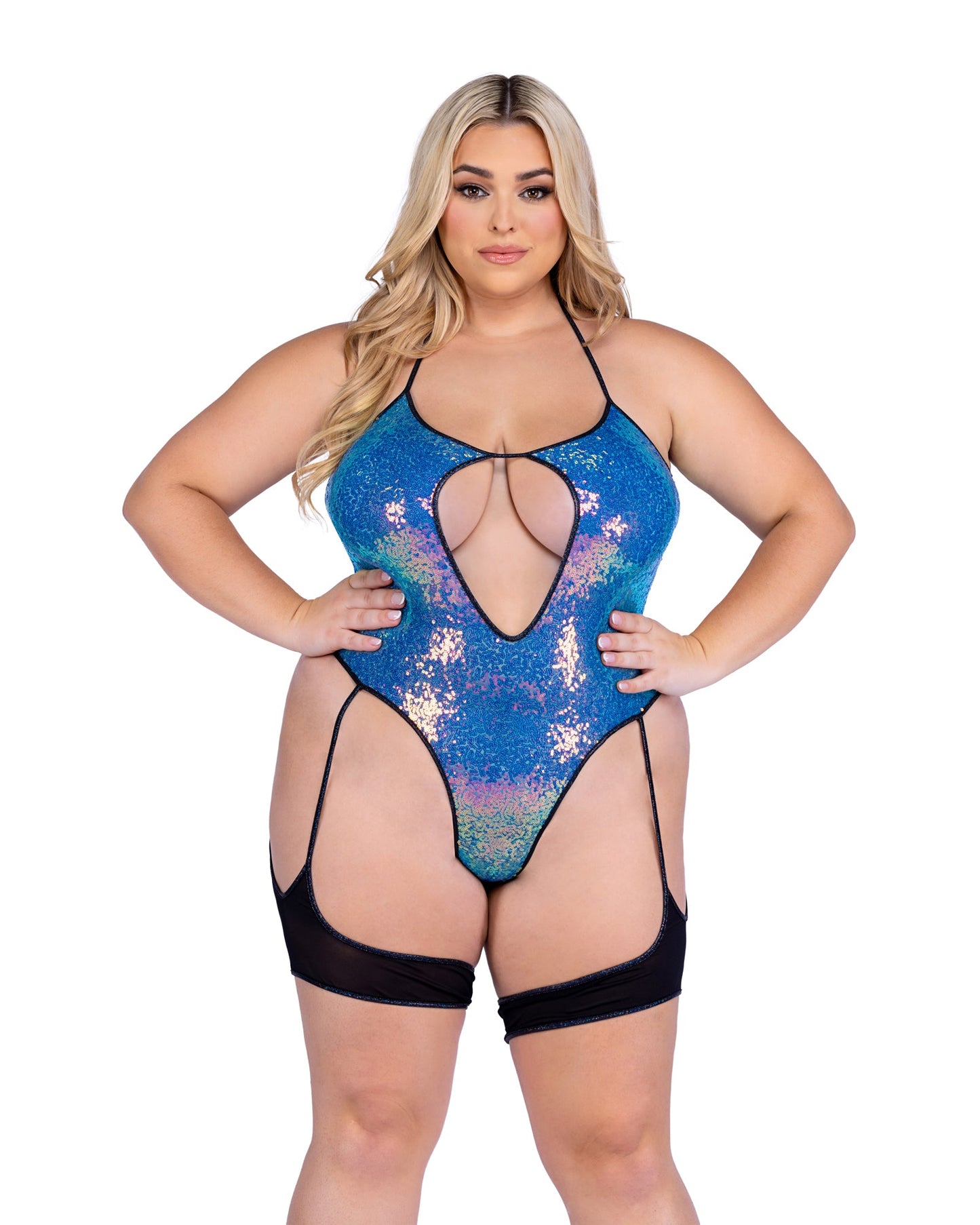 6428 - Sequin Keyhole Romper-TOPS / DRESSES-[Adult]-[Female]-X-Large-Blue/Black-2022 Online Blue Zone Planet