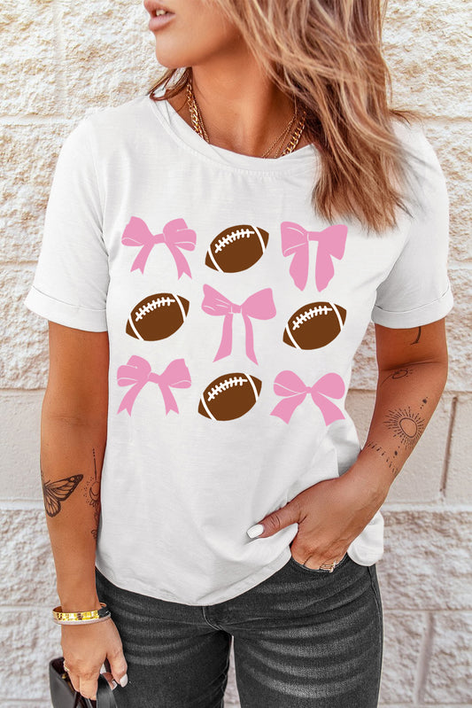 Football & Bow Round Neck Short Sleeve T-Shirt-TOPS / DRESSES-[Adult]-[Female]-White-S-2022 Online Blue Zone Planet