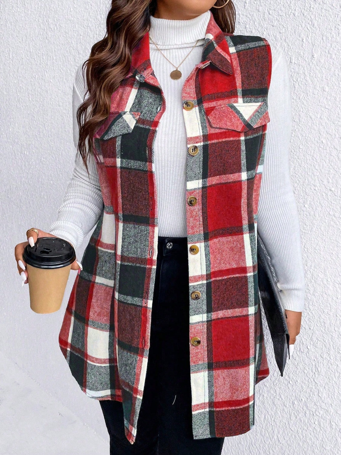 Honey Plus Size Pocketed Plaid Button Up Vest Coat-TOPS / DRESSES-[Adult]-[Female]-2022 Online Blue Zone Planet