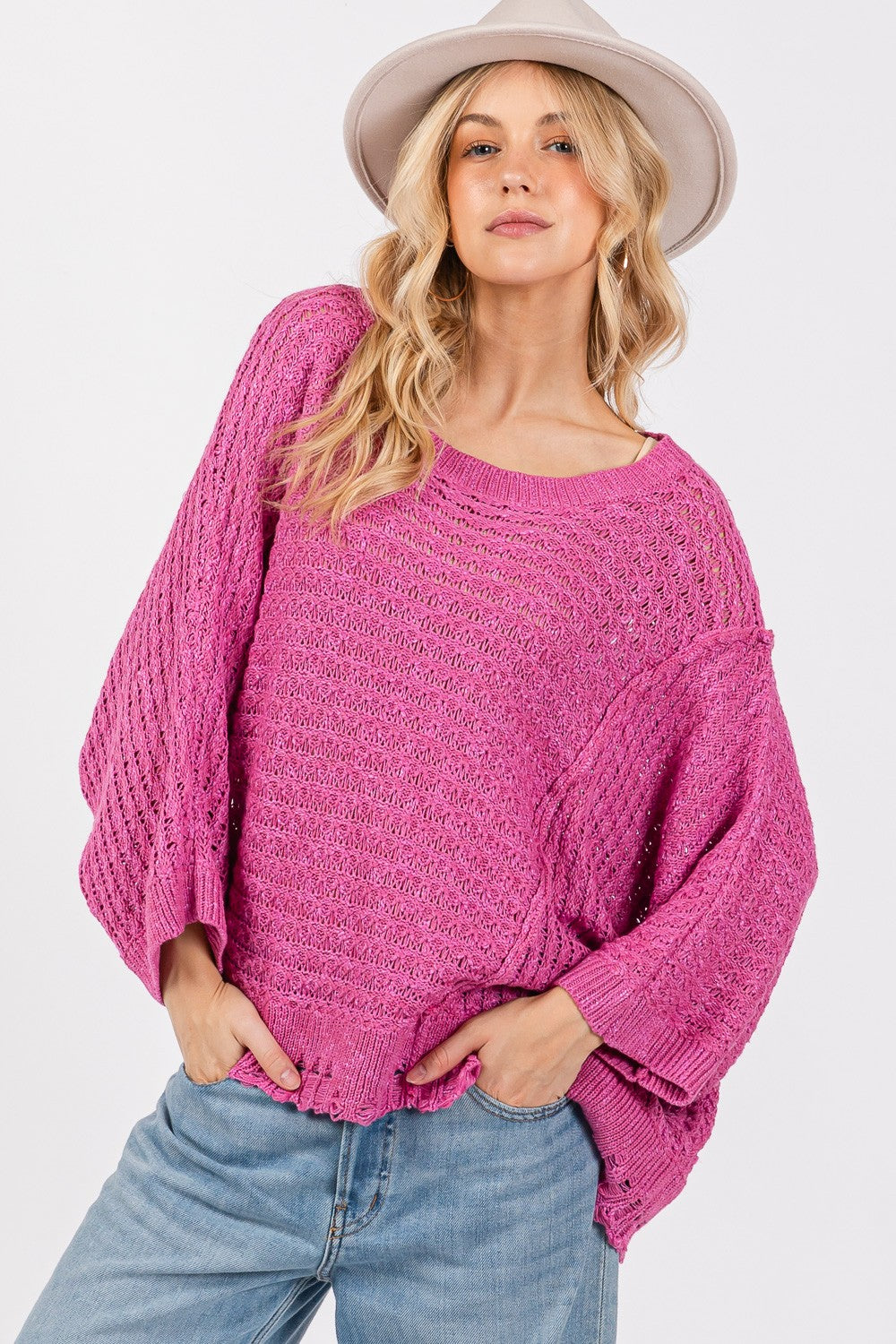 SAGE + FIG Distressed Asymmetrical Open Stitch Sweater-TOPS / DRESSES-[Adult]-[Female]-Magenta-S-2022 Online Blue Zone Planet