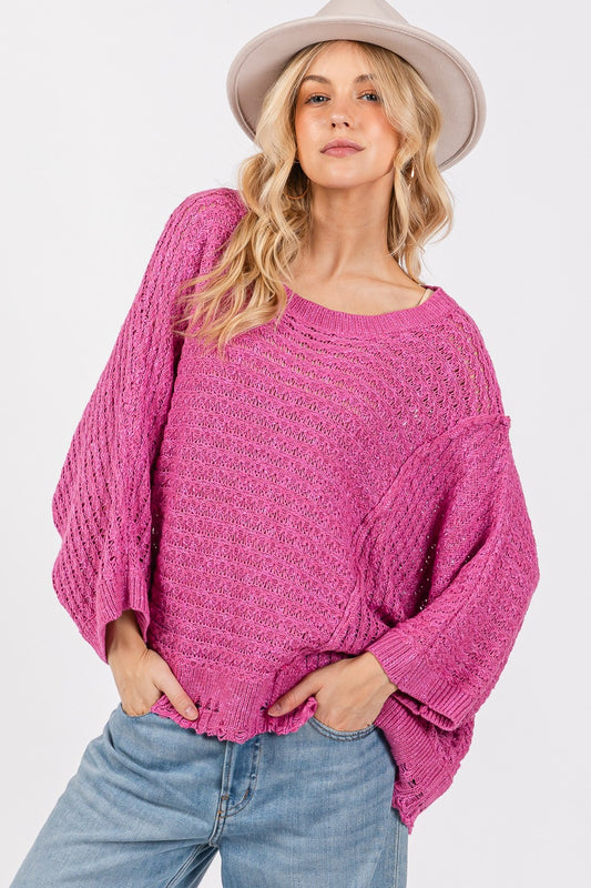 SAGE + FIG Distressed Asymmetrical Open Stitch Sweater-TOPS / DRESSES-[Adult]-[Female]-Magenta-S-2022 Online Blue Zone Planet