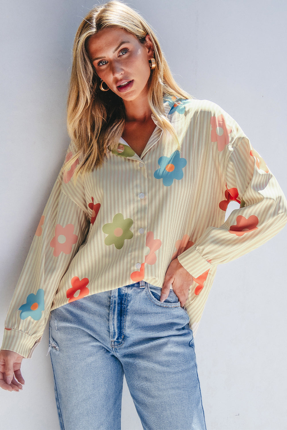 Apricot Stripe Flower Print Collared Button-up Loose Fit Shirt-Tops/Blouses & Shirts-[Adult]-[Female]-Apricot Stripe-S-2022 Online Blue Zone Planet