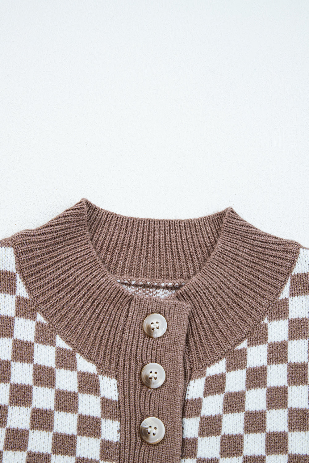 Dark Brown Half Button Ribbed Trim Checkerboard Knit Sweater-Sweaters & Cardigans/Sweaters-[Adult]-[Female]-2022 Online Blue Zone Planet