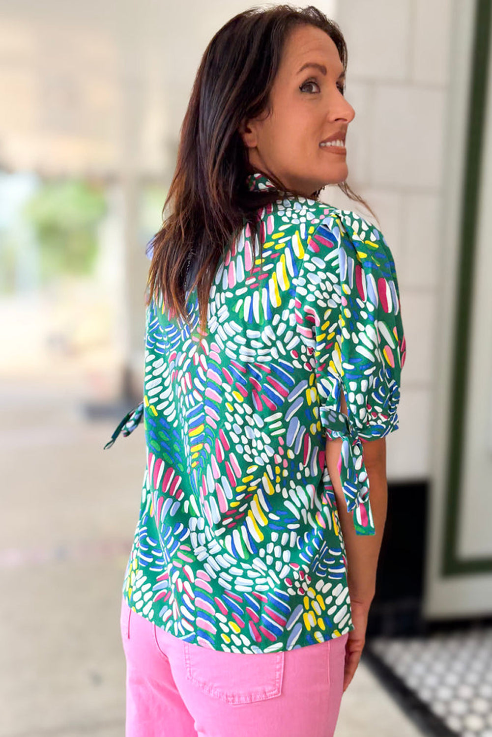 Green Abstract Print Knotted Short Sleeve Plus Size Blouse-Plus Size/Plus Size Tops/Plus Size Blouses & Shirts-[Adult]-[Female]-2022 Online Blue Zone Planet