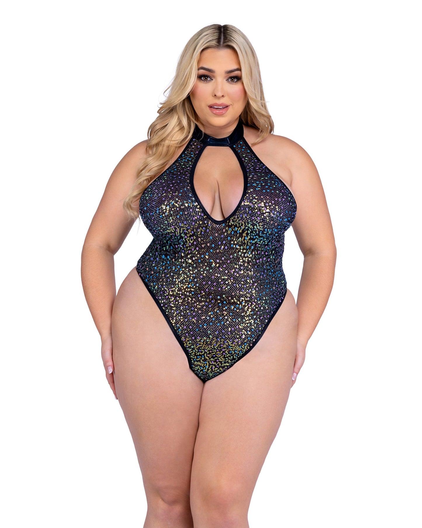 6431 - Sequin Fishnet Keyhole Romper-TOPS / DRESSES-[Adult]-[Female]-X-Large-Black-2022 Online Blue Zone Planet