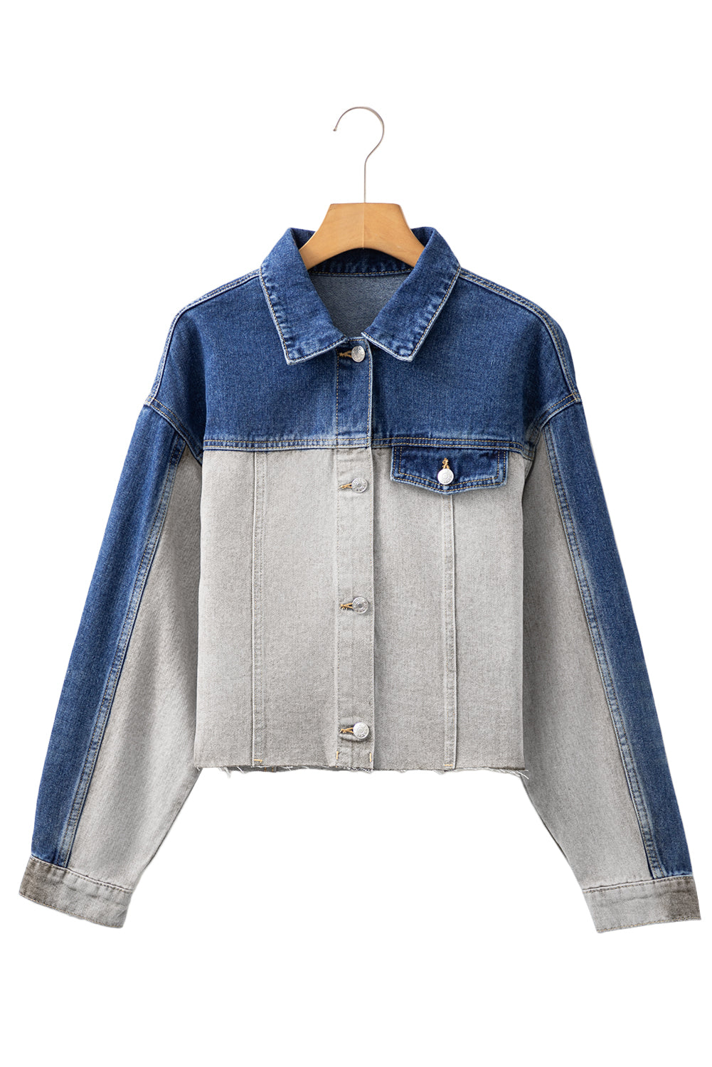 Dusk Blue Color Block Patchwork Flap Detail Distress Denim Jacket-Outerwear/Denim jackets-[Adult]-[Female]-2022 Online Blue Zone Planet