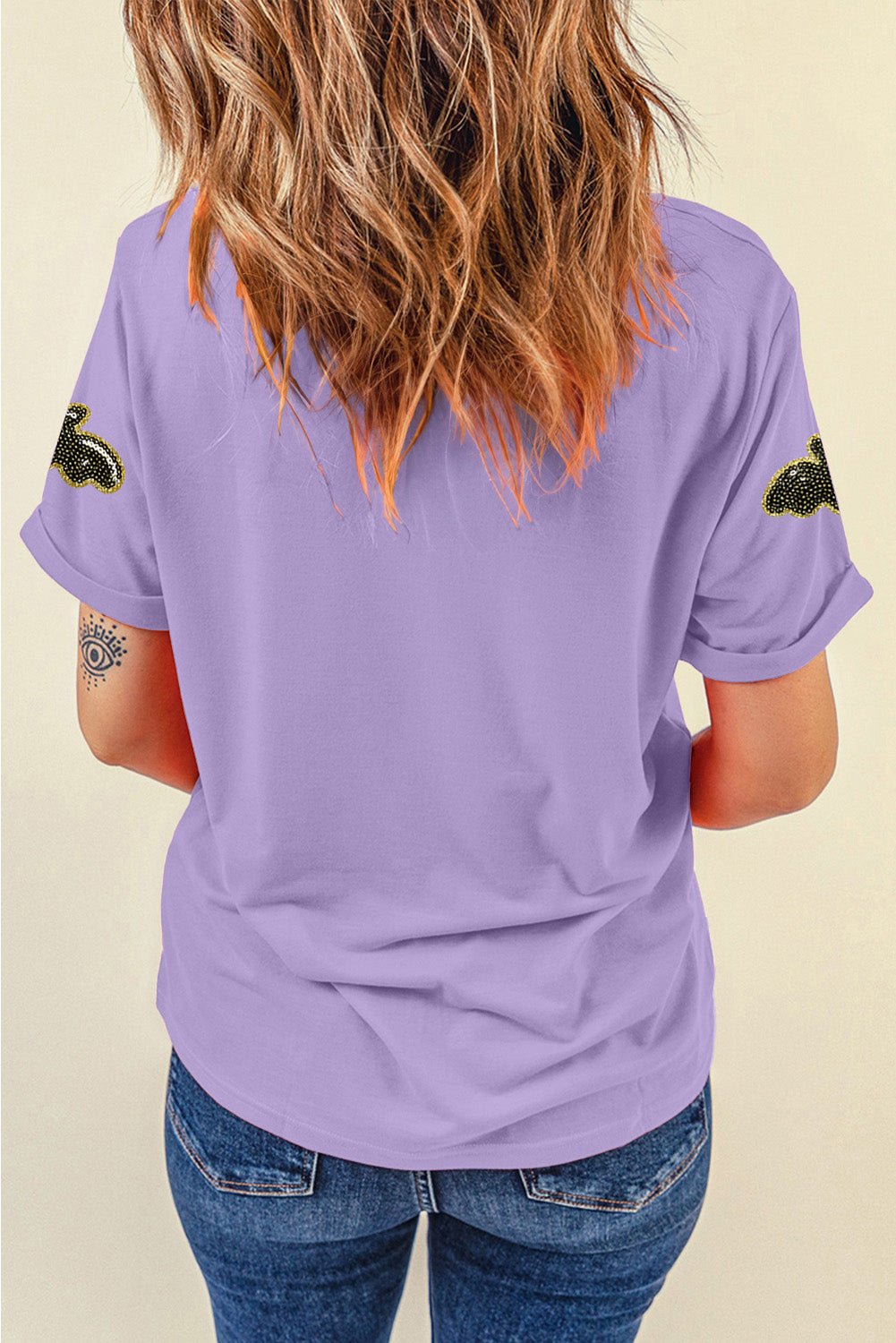 Wisteria Sequin Halloween Bat Patched Casual T Shirt-Graphic/Graphic Tees-[Adult]-[Female]-2022 Online Blue Zone Planet